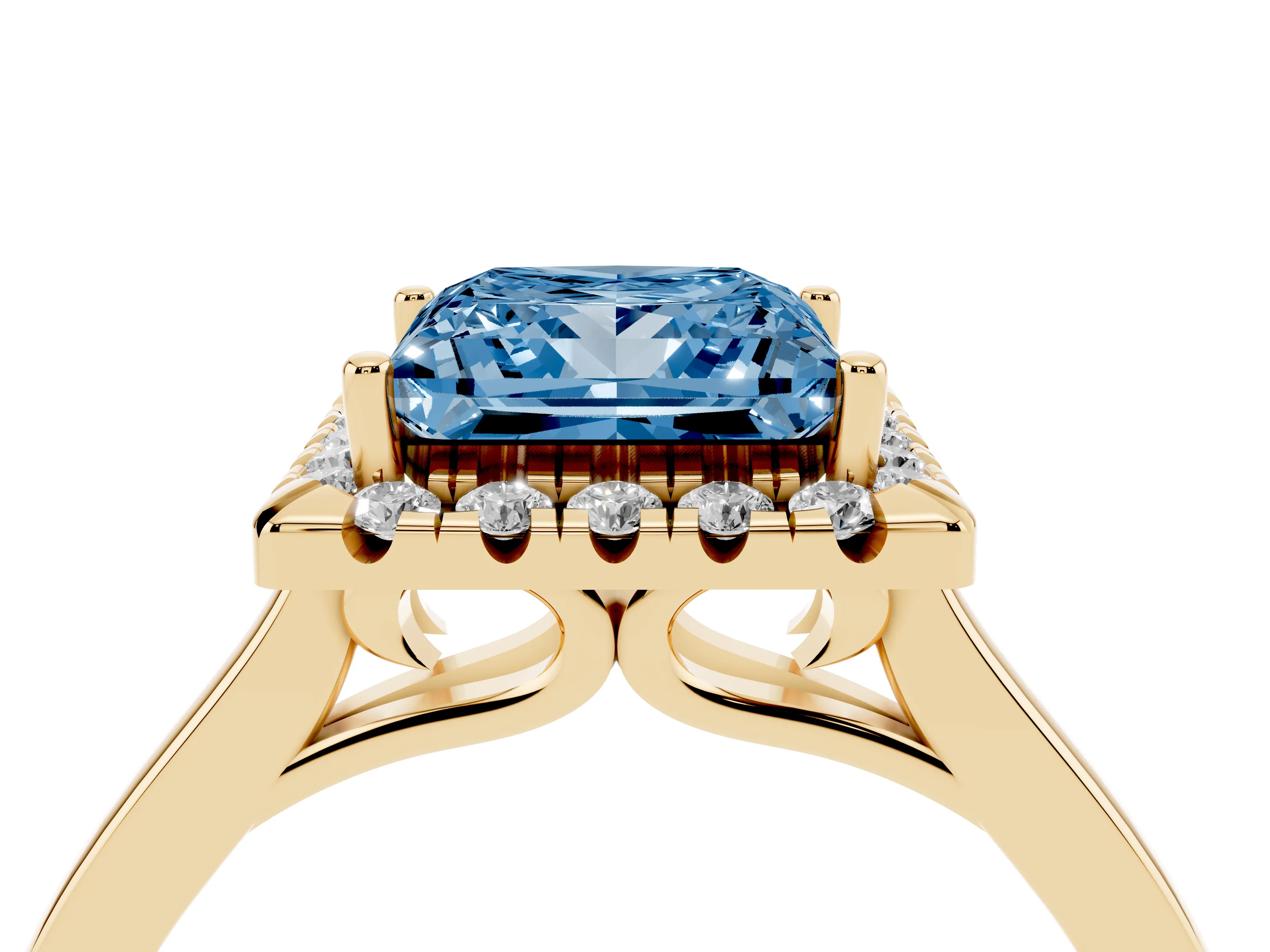 Fancy Blue Princess Cut Halo Round Diamond Solitaire Ring Set in Yellow gold with Pavé Band and Prong Setting