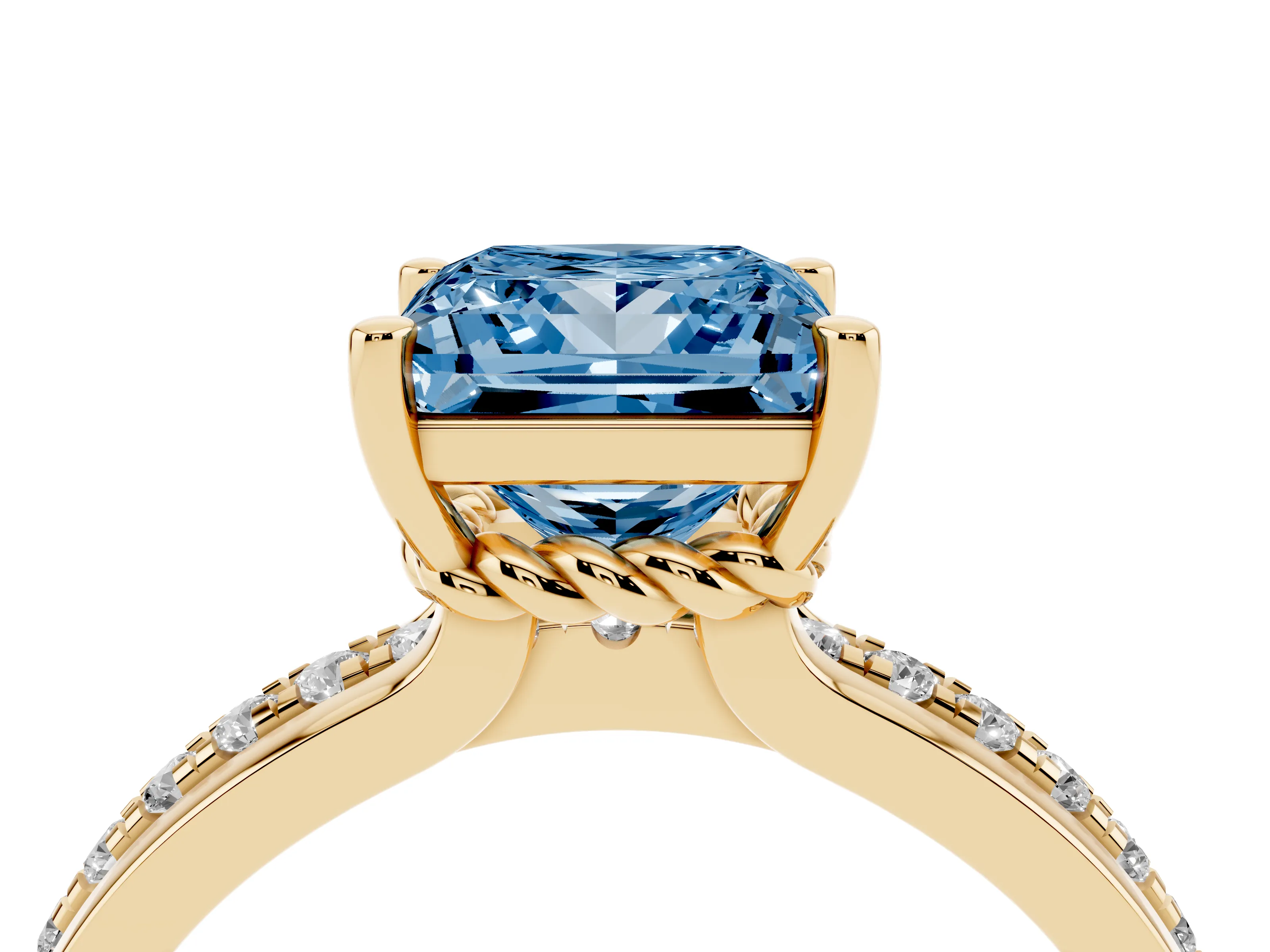 Fancy Blue Princess Cut Diamond Solitaire Ring Set in Yellow gold with Channel Set Band and Prong Setting