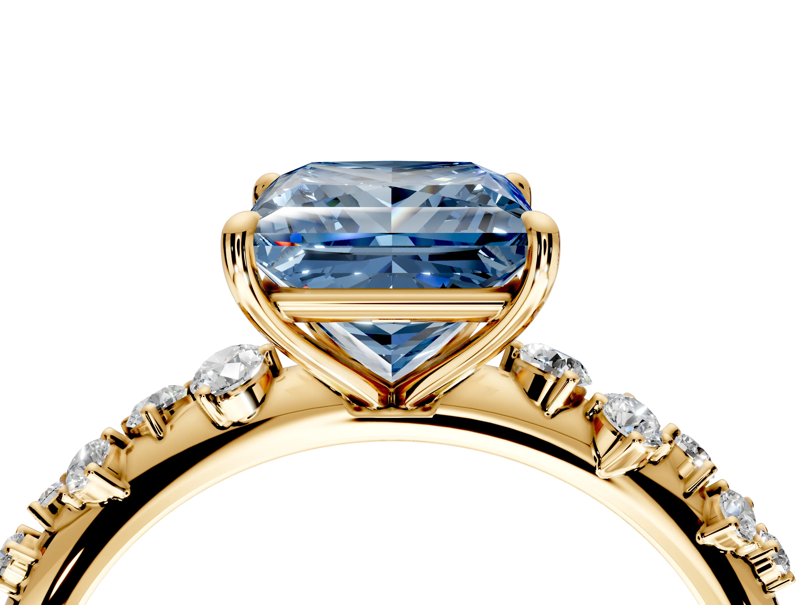 Cluster Engagement Ring Setting for Fancy Blue Princess Cut Center with Round Cut Accent Band and Prong Head in Yellow Gold