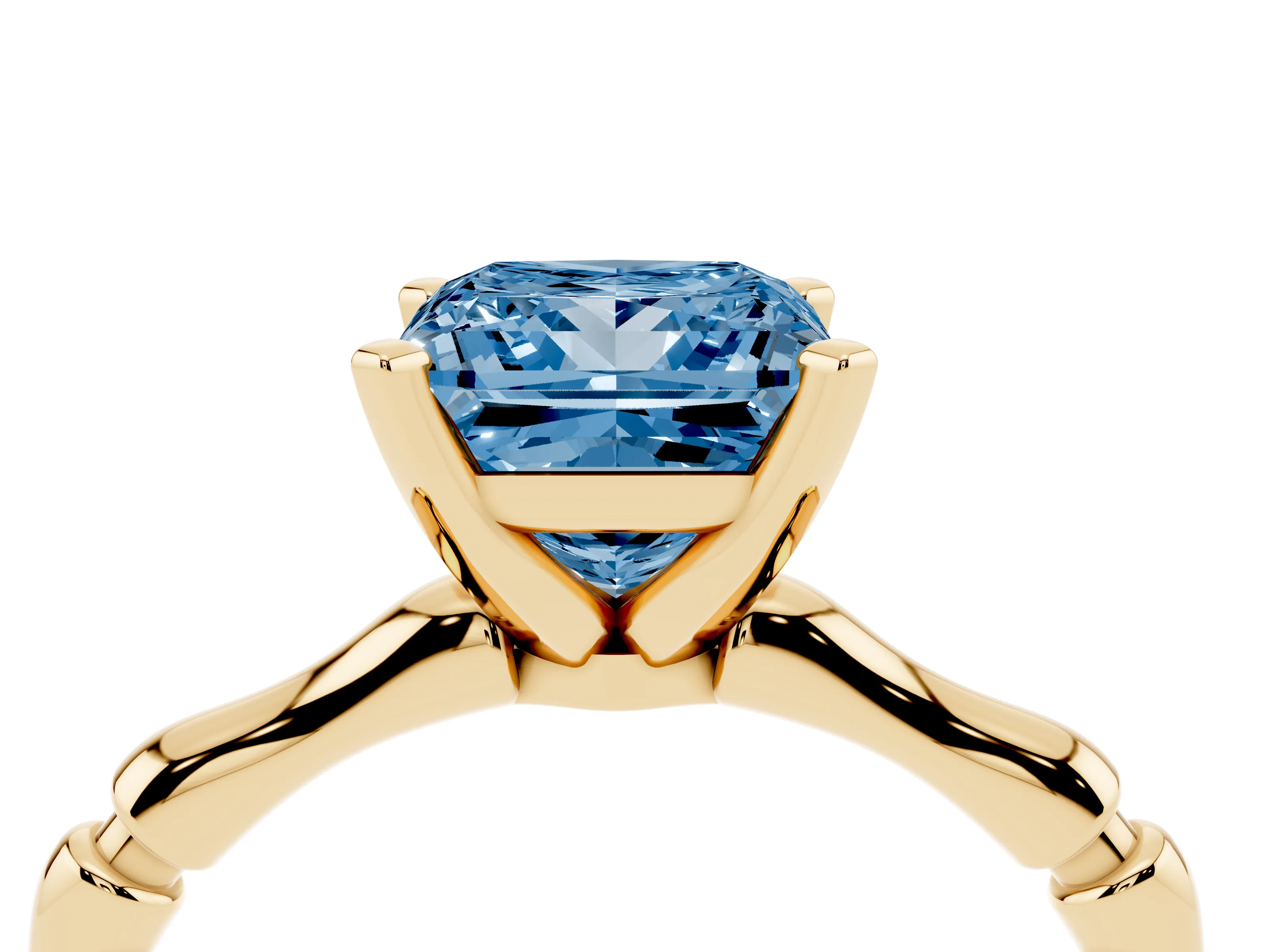 Fancy Blue Princess Cut Diamond Solitaire Ring Set in Yellow gold with Bamboo Band and Prong Setting