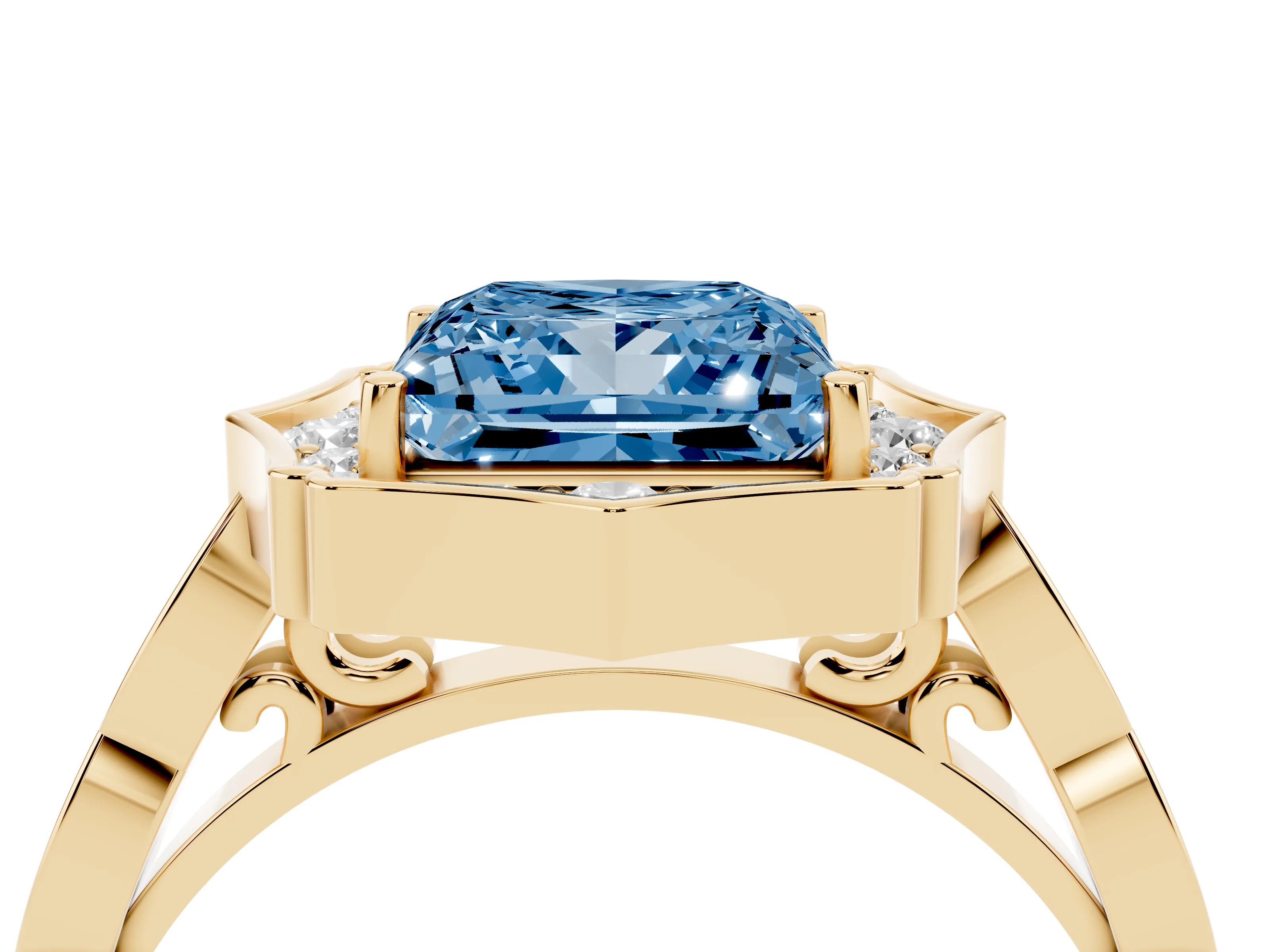 Fancy Blue Princess Cut Diamond Halo Engagement Ring Set in Yellow gold with Milgrain Band and Prong Setting