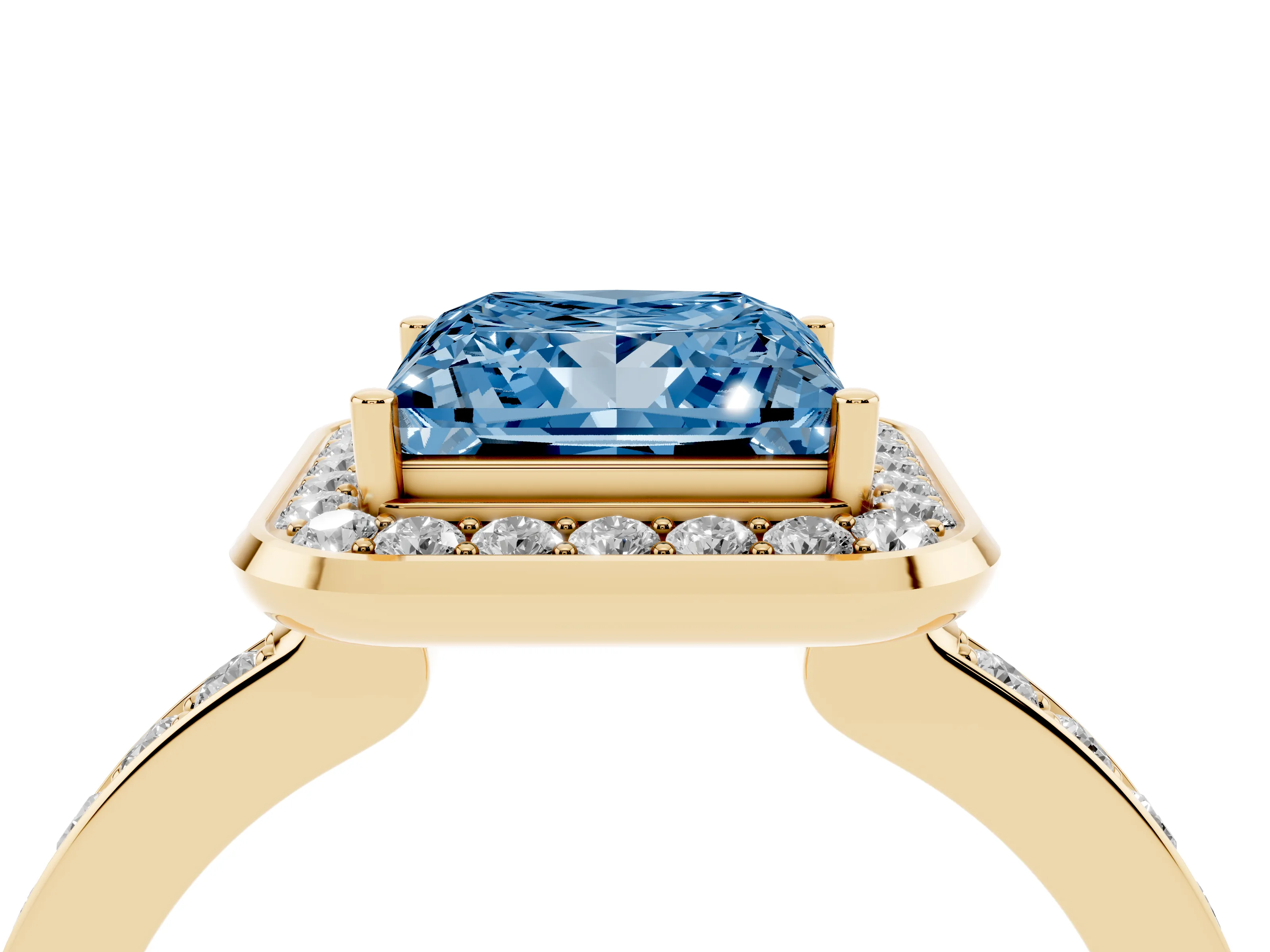 Fancy Blue Princess Cut Diamond Halo Ring Set in Yellow gold with Bezel Frame and Pavé Band