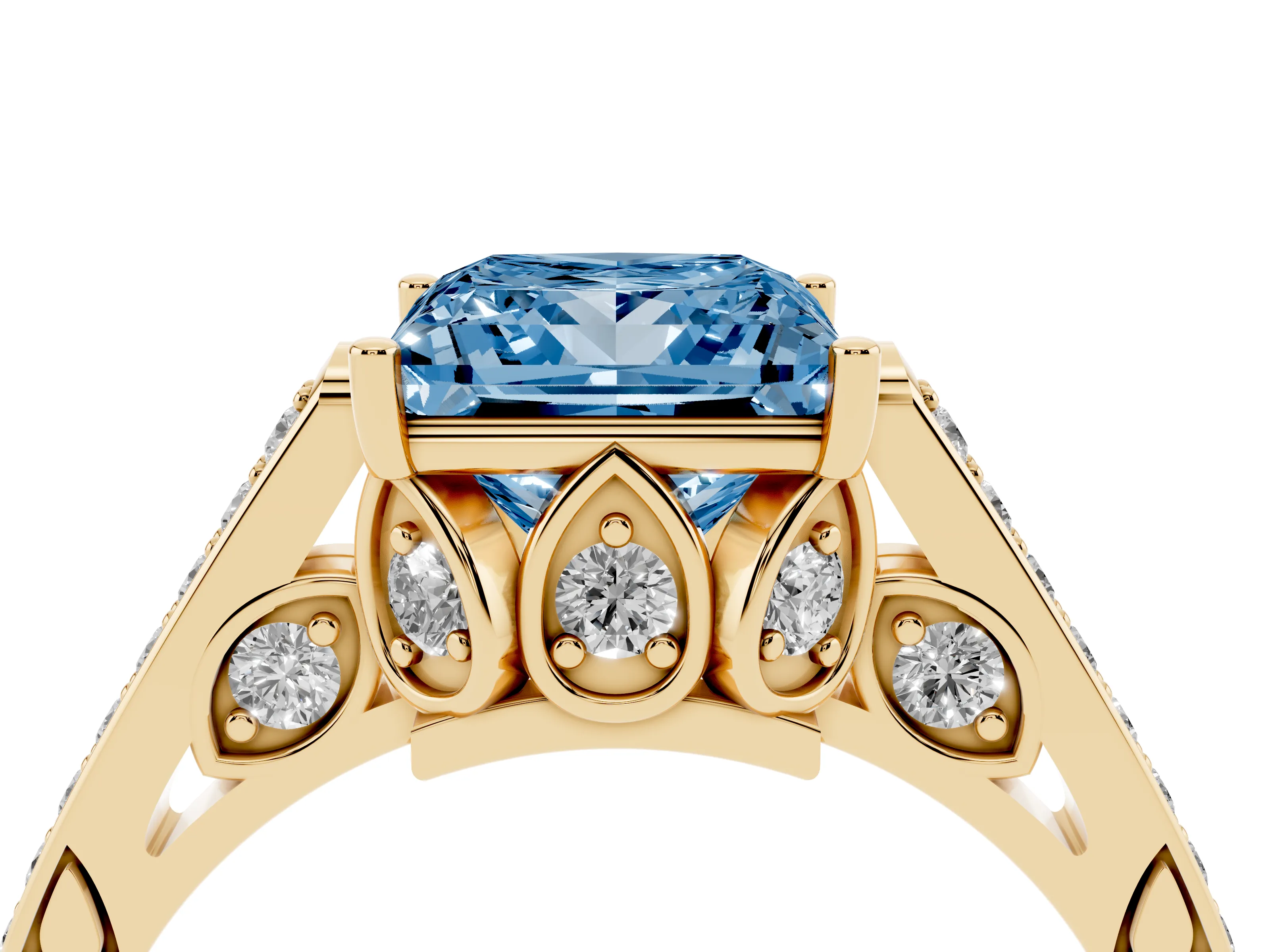 Fancy Blue Princess Cut Diamond Cathedral Pavé Engagement Ring Set in Yellow gold with Prong Setting