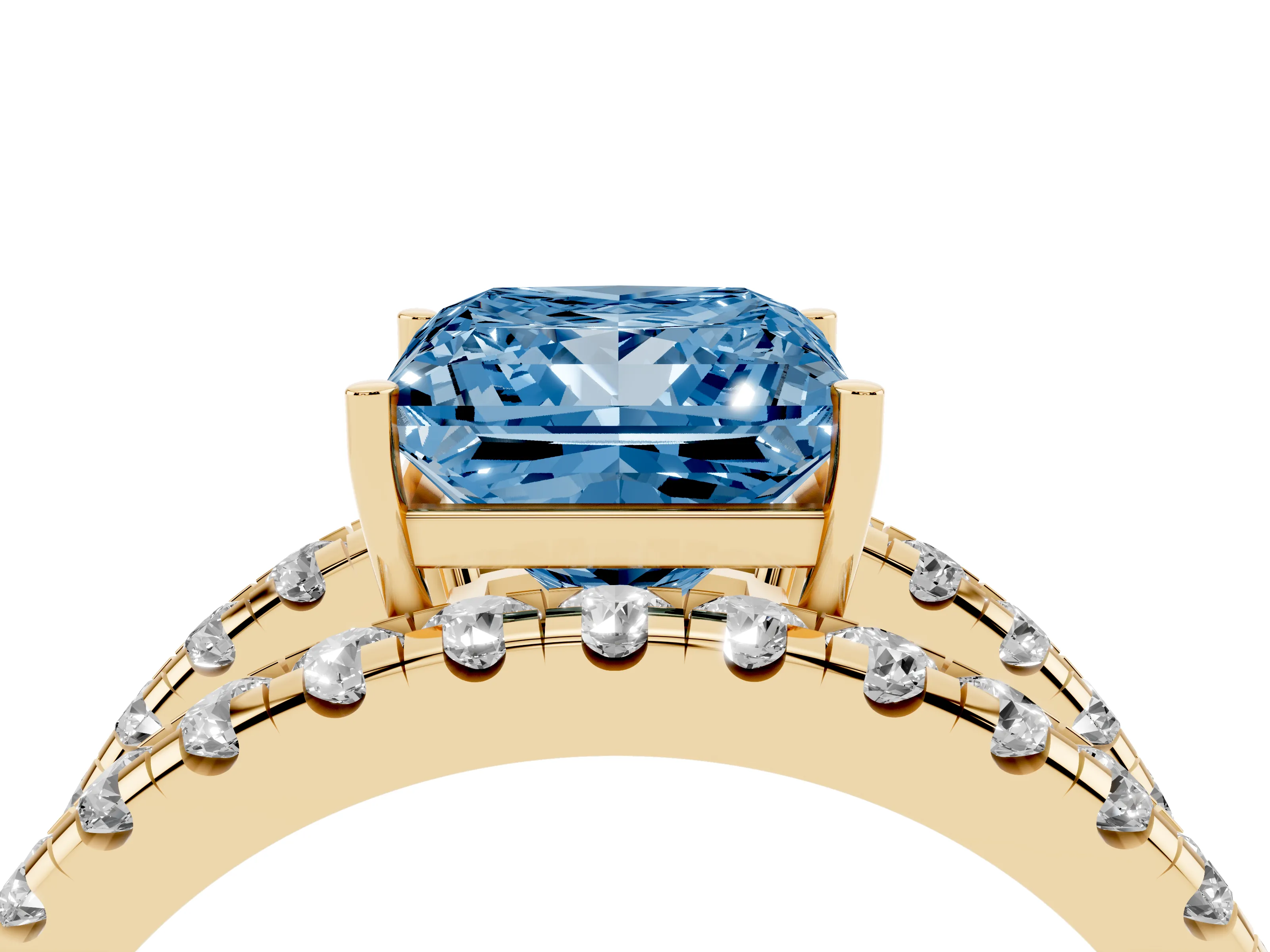 Fancy Blue Princess Cut Diamond Split Shank Pavé Solitaire Ring Set in Yellow gold with Open Shank Design