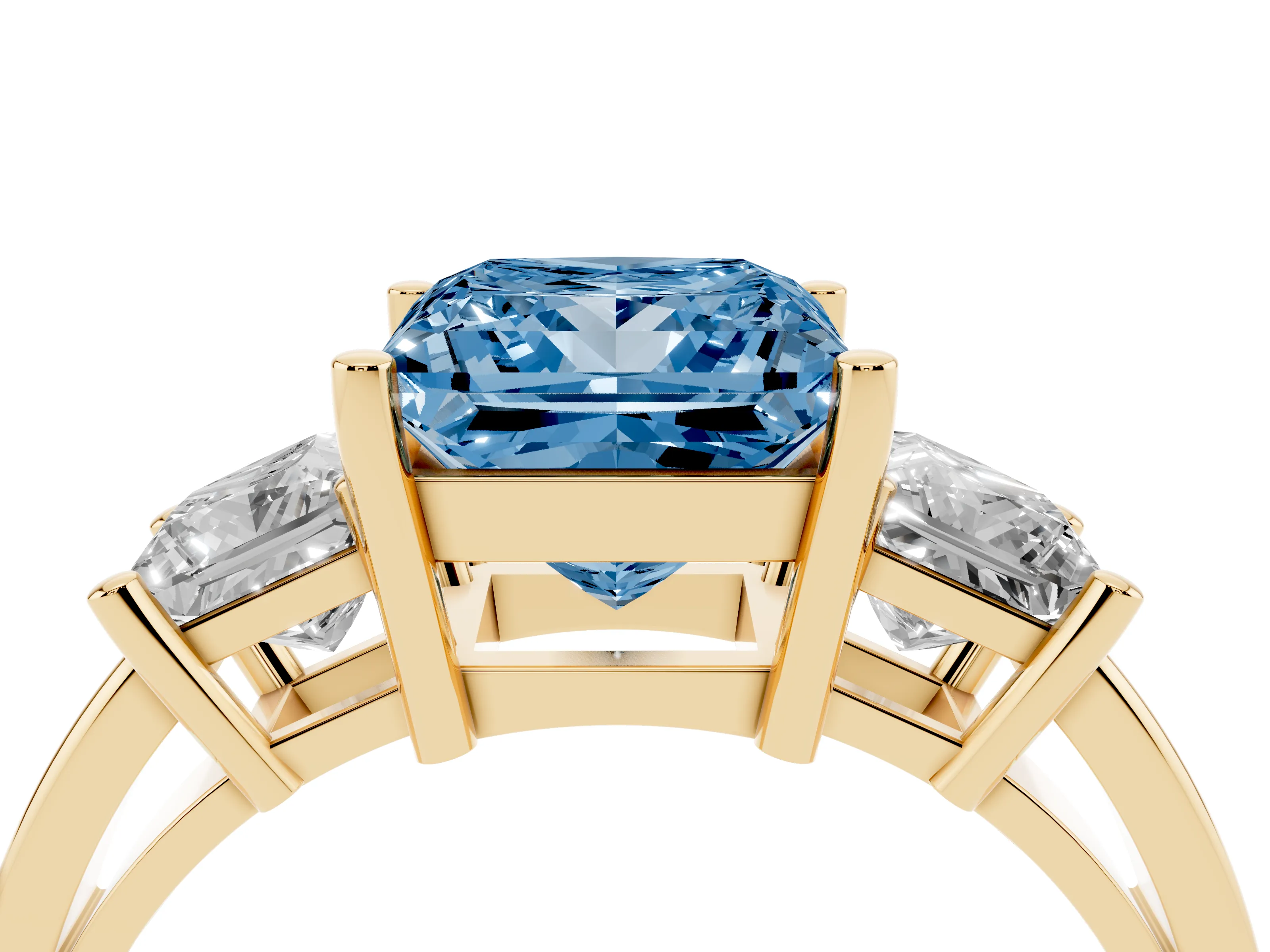 Fancy Blue Three-Stone Princess Cut Diamond Solitaire Ring Set in Yellow gold with Prong Setting