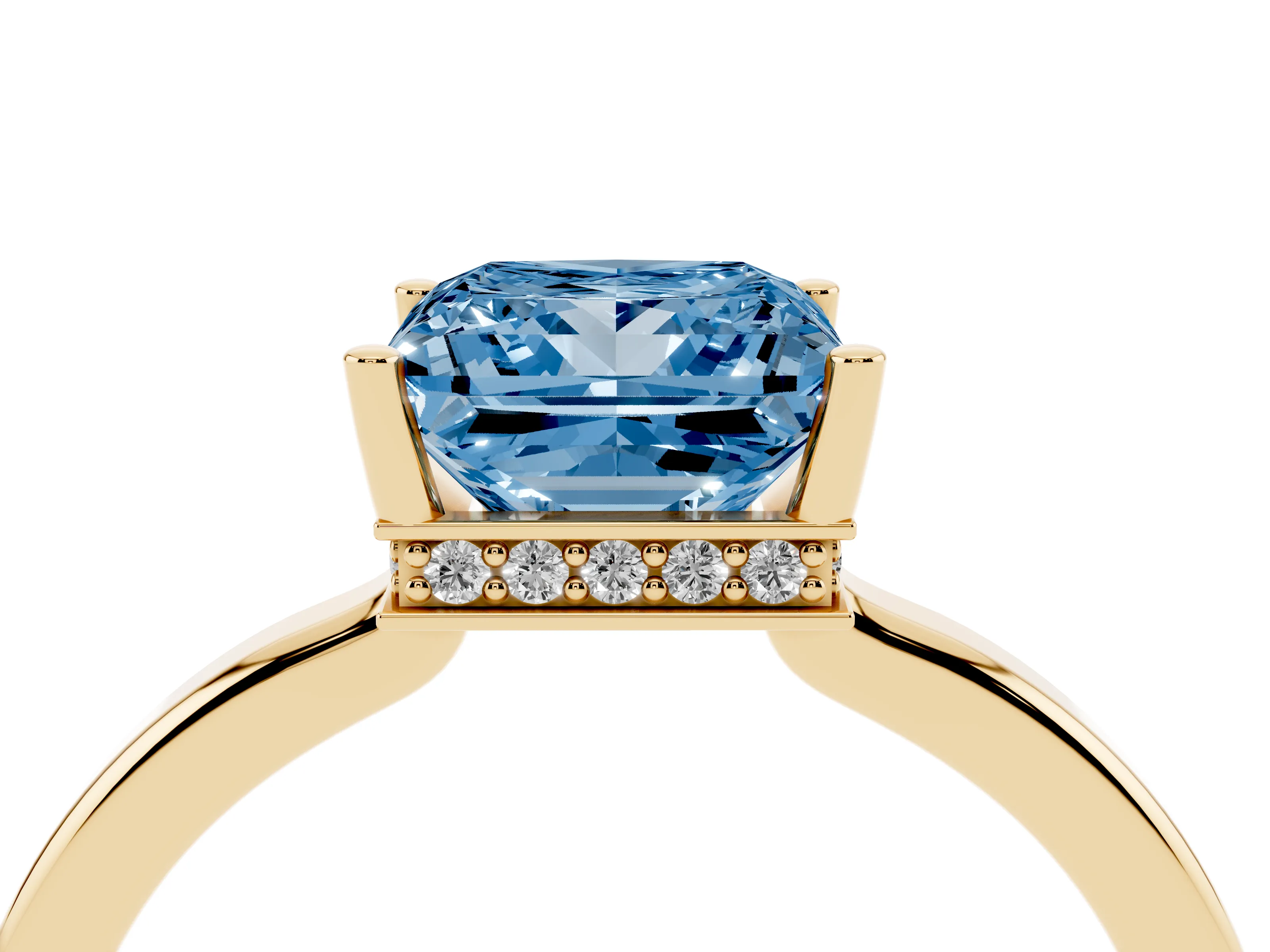 Fancy Blue Princess Cut Diamond Solitaire Engagement Ring Set in Yellow gold with Prong Setting on a Plain Band
