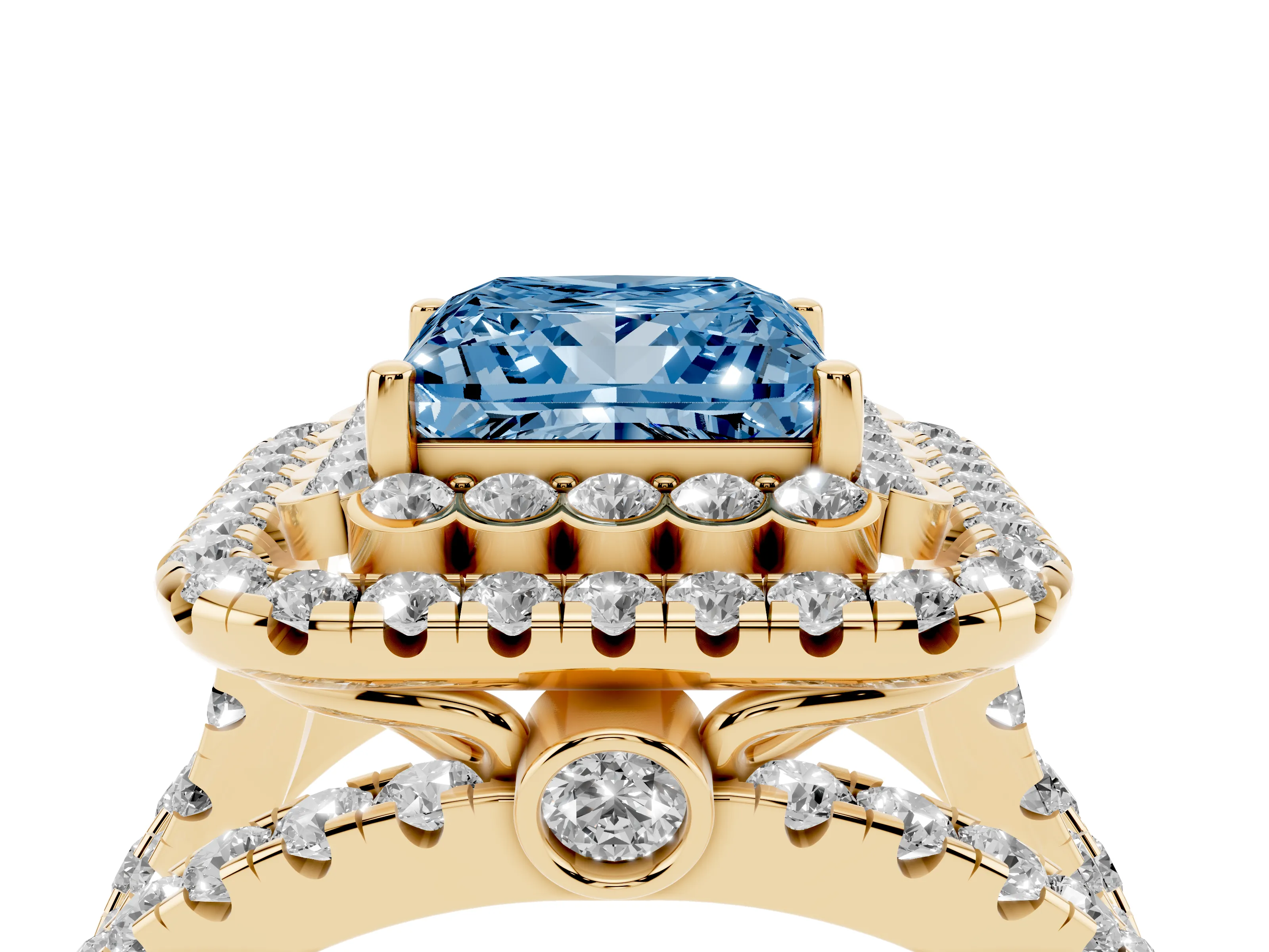 Fancy Blue Princess Cut Diamond Double Halo Ring Set in Yellow gold with Round Pavé Split Shank