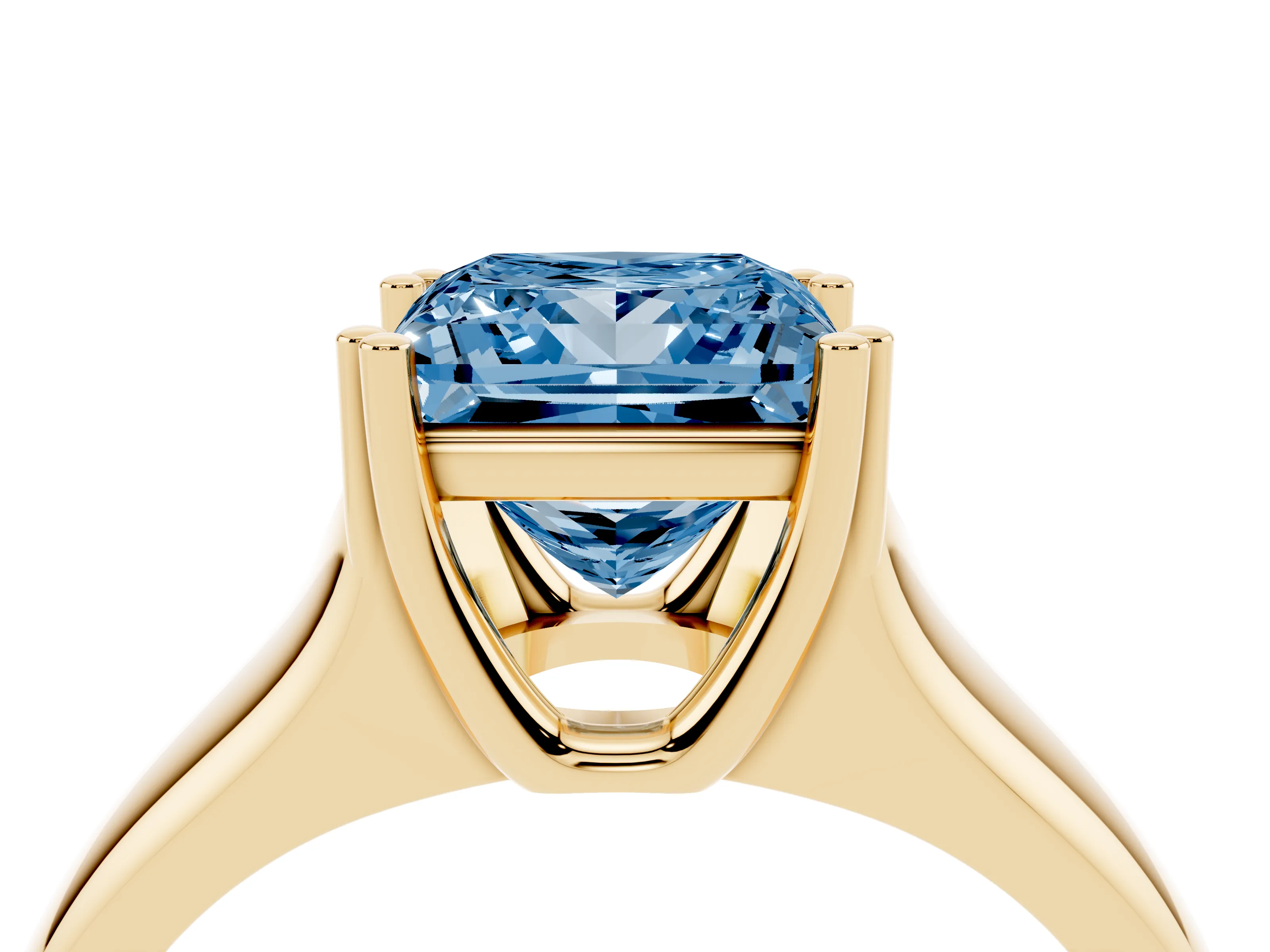 Fancy Blue Princess Cut Diamond Solitaire Ring Set in Yellow gold with Wide Band and Prong Setting