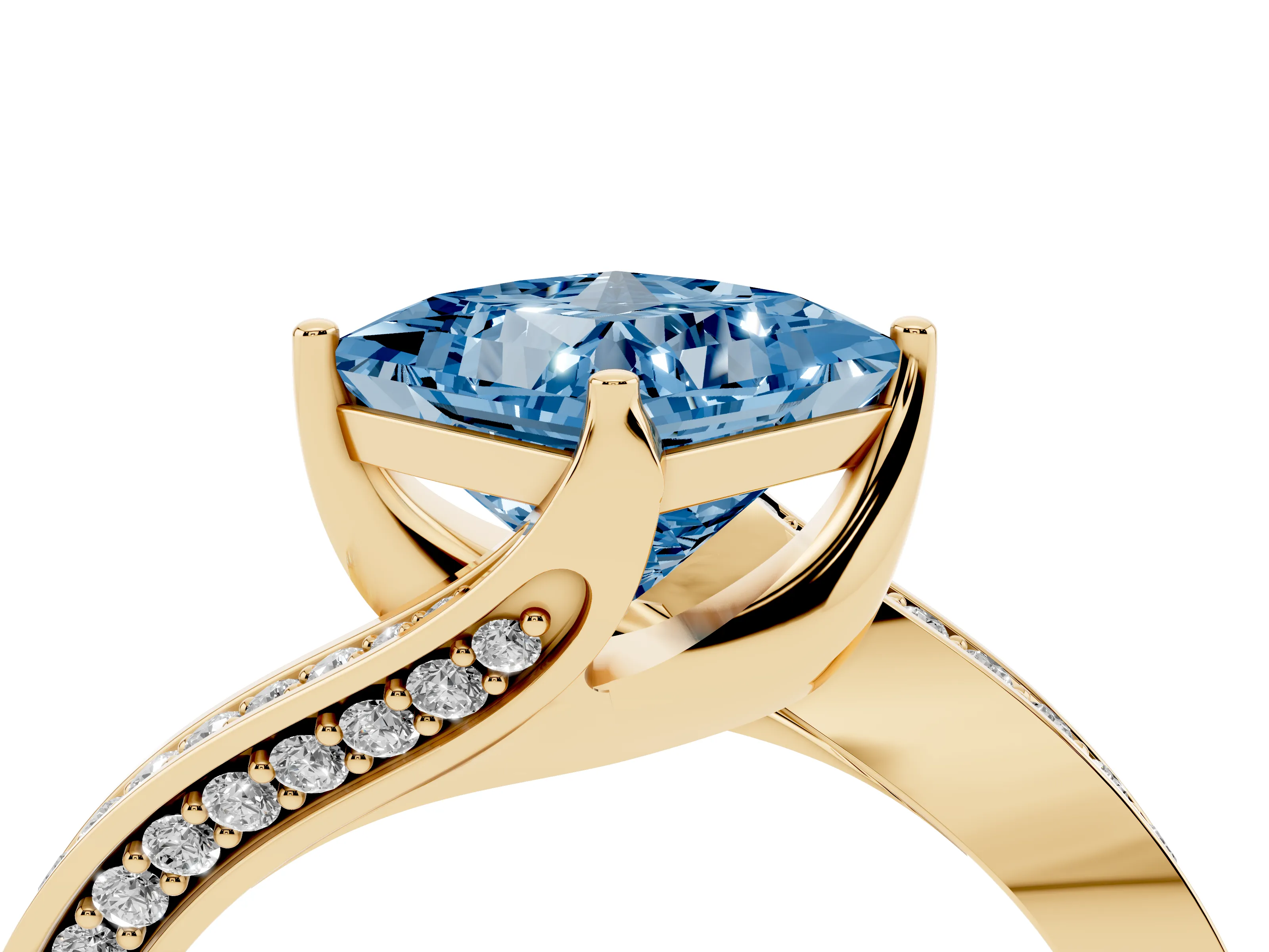 Fancy Blue Princess Cut Diamond Solitaire Ring Set in Yellow gold with Intertwined Pavé Twist Band