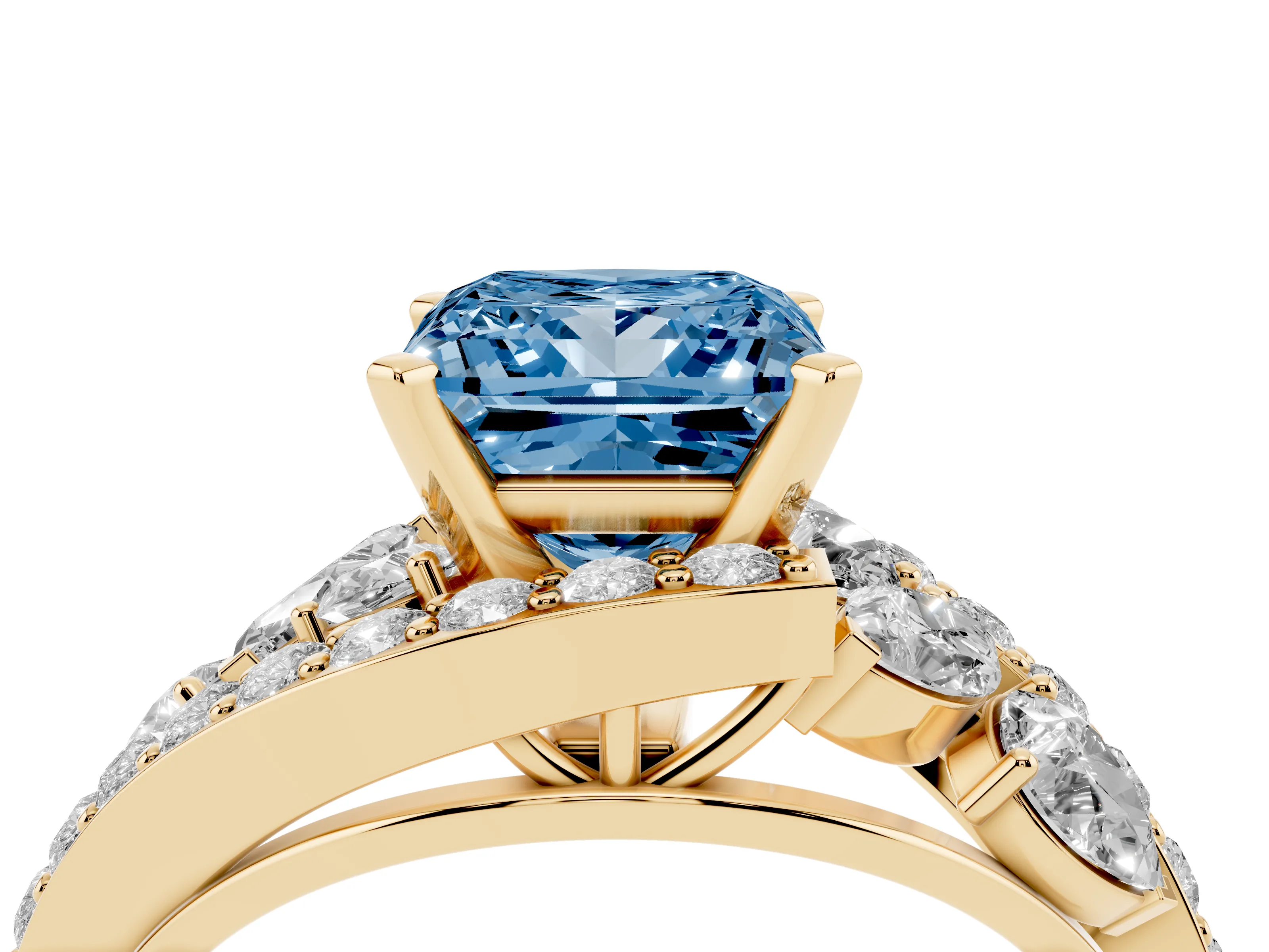Fancy Blue Princess Cut Diamond Halo Ring Set in Yellow gold with Marquise and Pavé Band in Prong Setting
