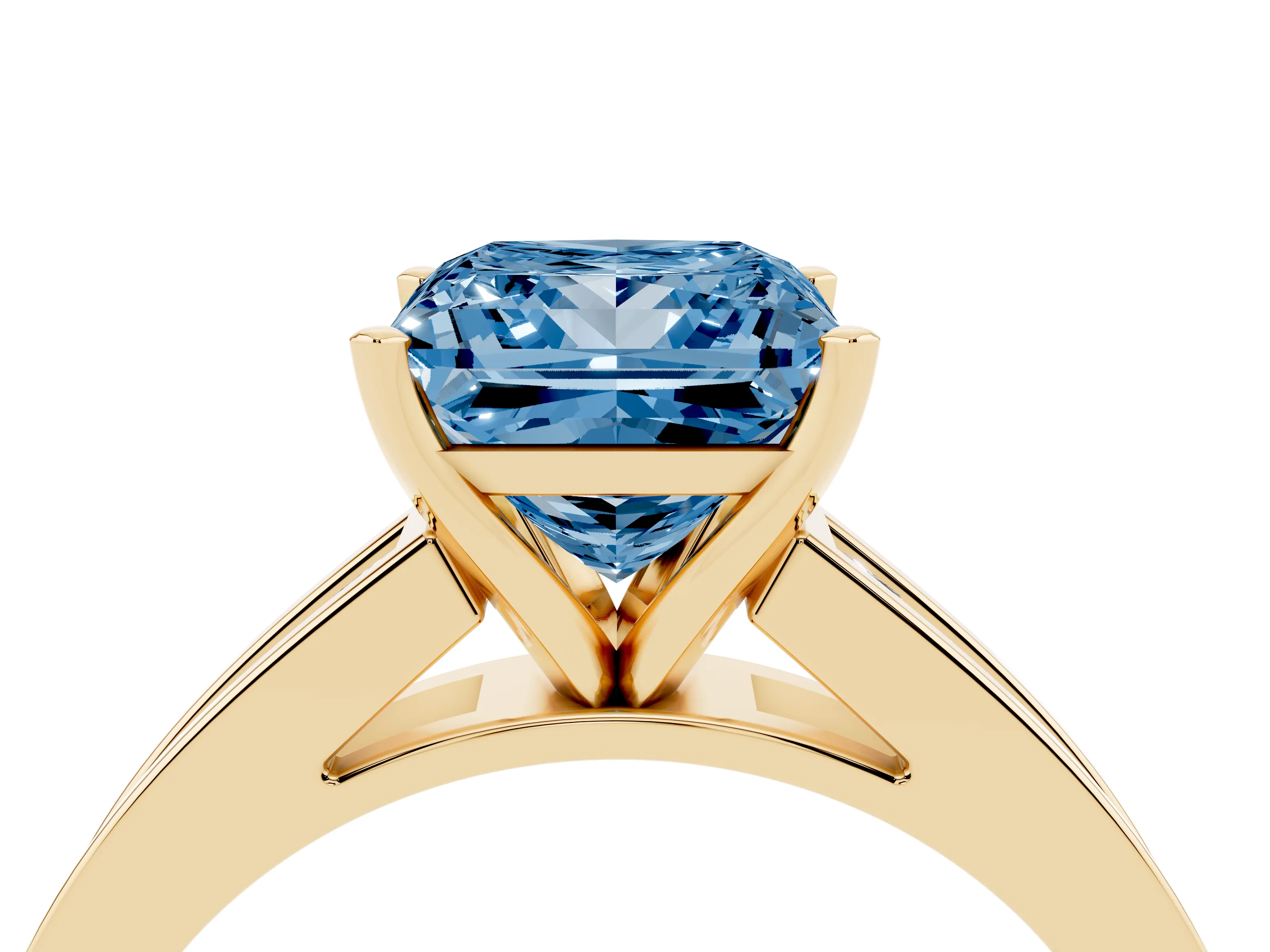 Fancy Blue Princess Cut Diamond Solitaire Ring Set in Yellow gold with Channel-Set Band and Prong Setting