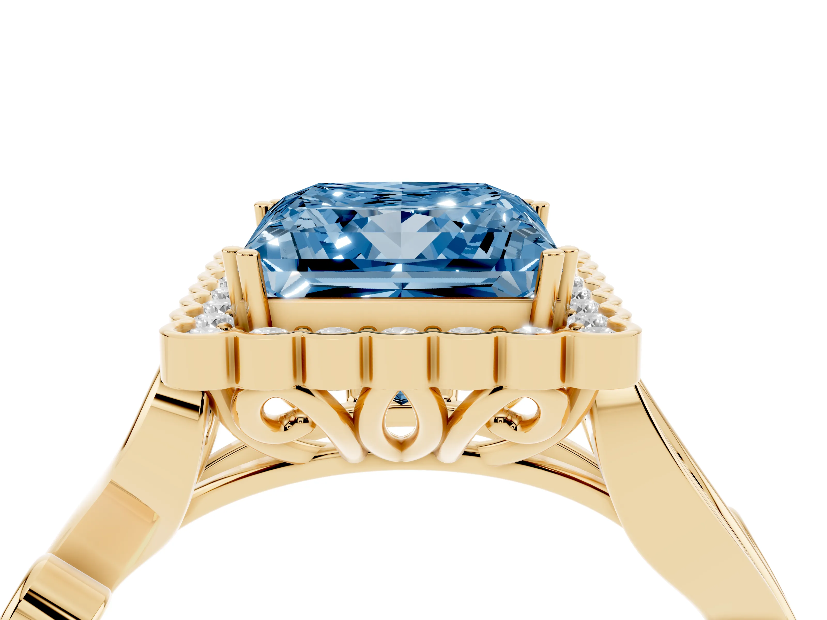 Fancy Blue Princess Cut Diamond Halo Ring Set in Yellow gold with Leaf Motif Split Shank and Prong Setting