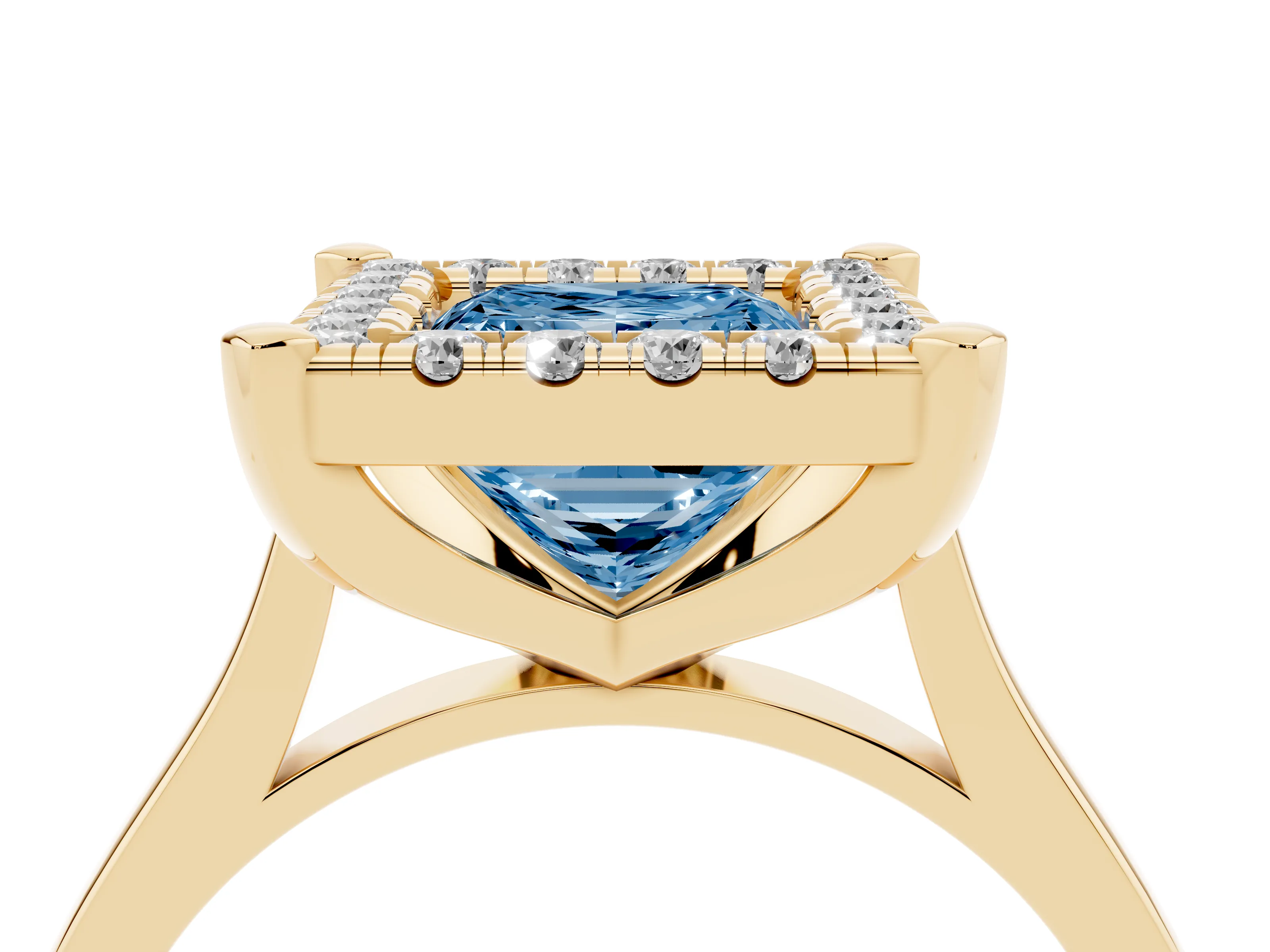 Fancy Blue Princess Cut Diamond Cluster Halo Solitaire Ring Set in Yellow gold with Prong Setting
