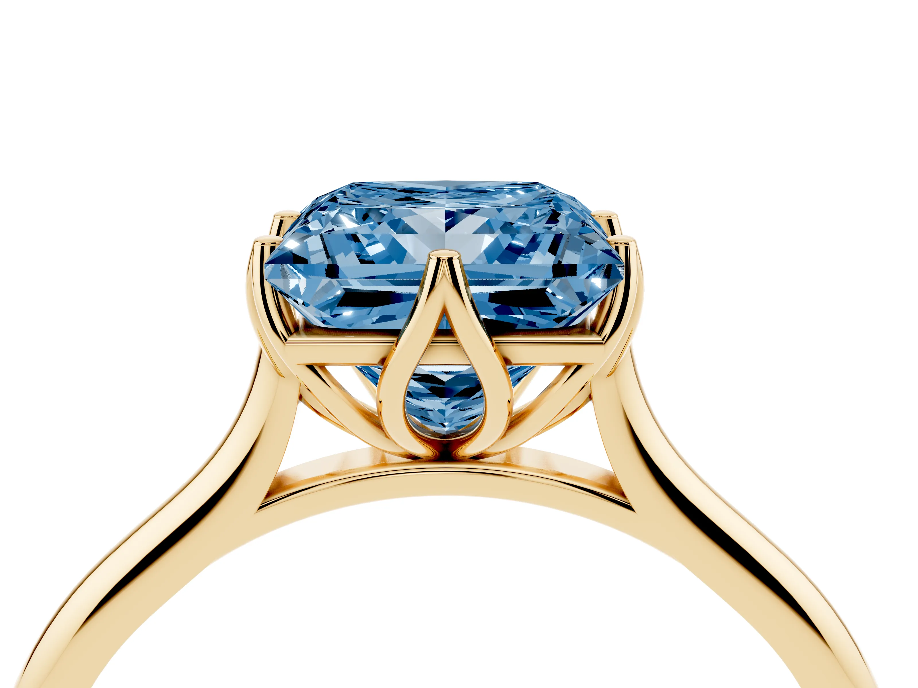 Fancy Blue Princess Cut Diamond Solitaire Cathedral Ring Set in Yellow gold with Prong Setting