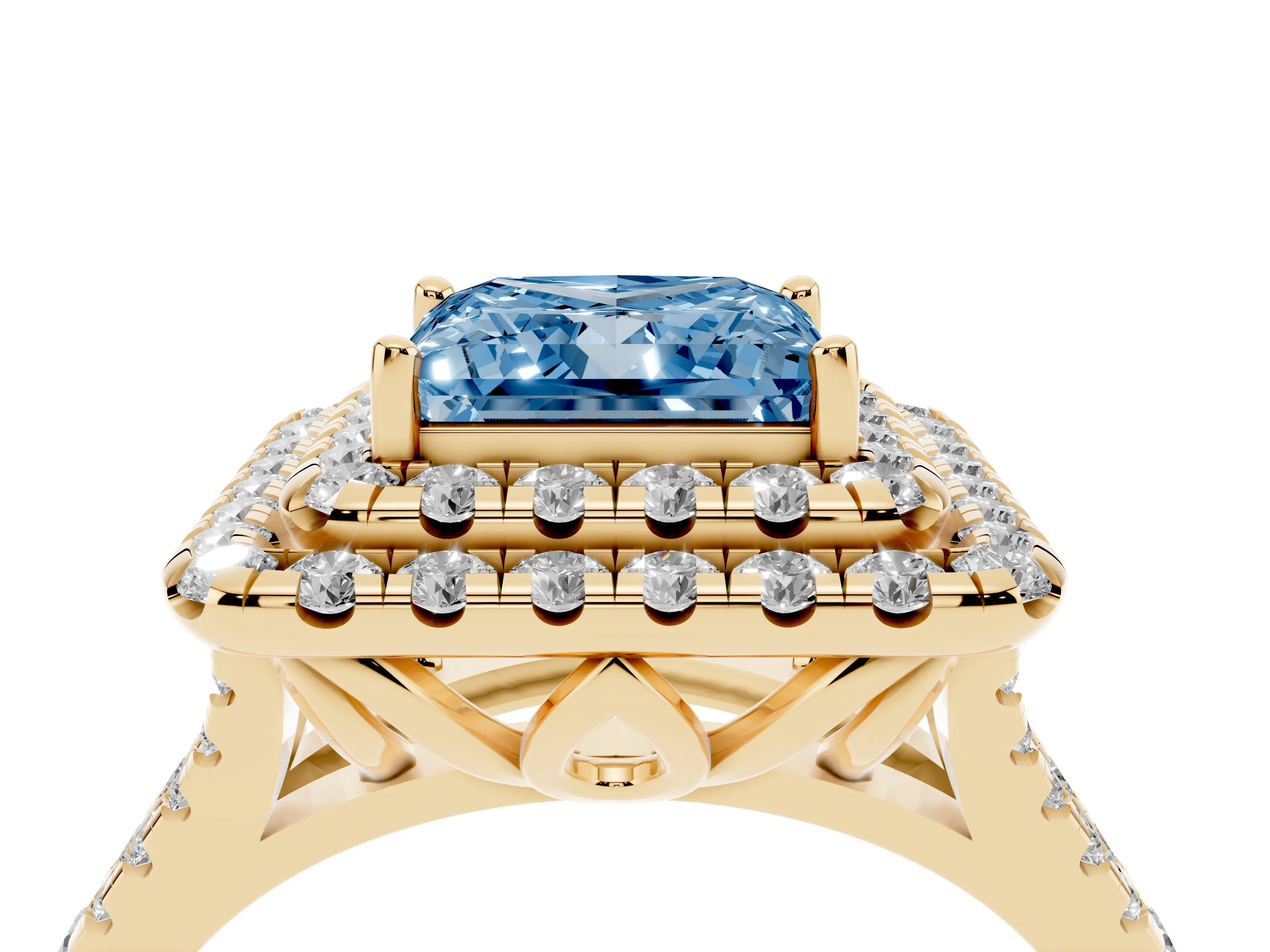 Fancy Blue Princess Cut Diamond Double Halo Ring Set in Yellow gold with Pavé Split Shank and Prong Setting