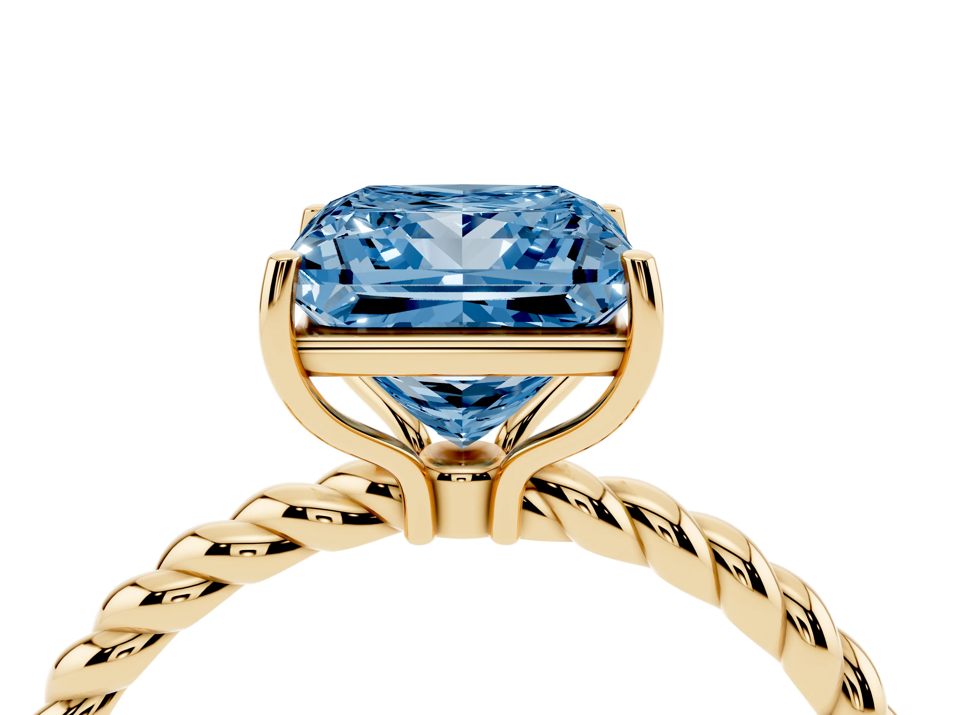 Fancy Blue Princess Cut Diamond Solitaire Ring Set in Yellow gold with Twist Band and Prong Setting