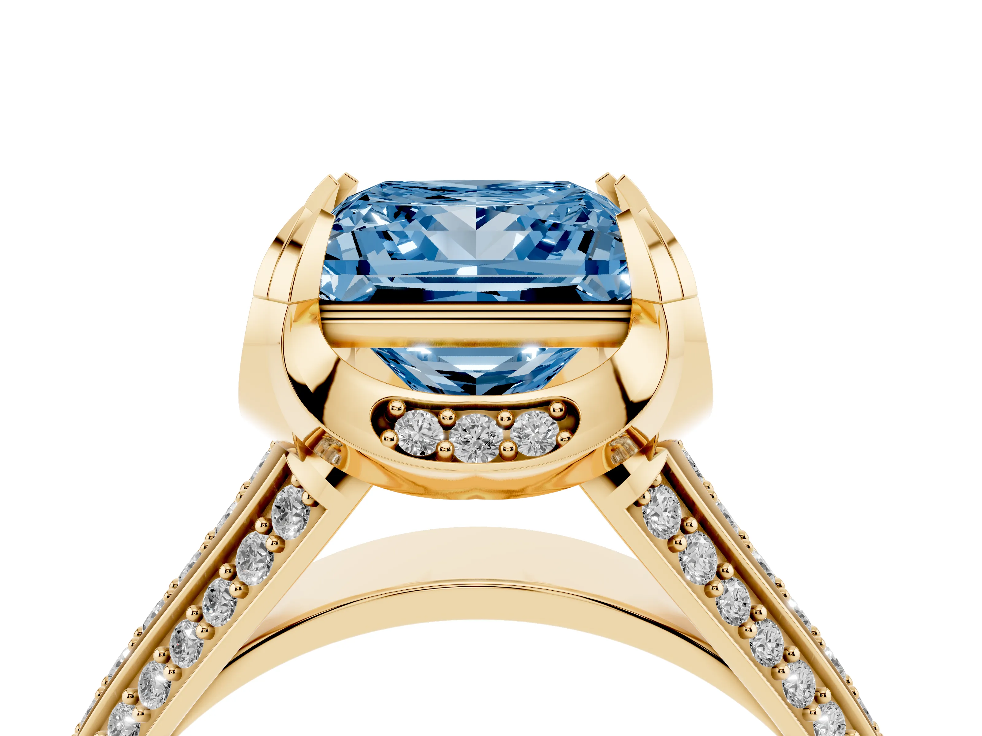 Fancy Blue Princess Cut Diamond Pavé Split Shank Solitaire Ring Set in Yellow gold with Prong Setting