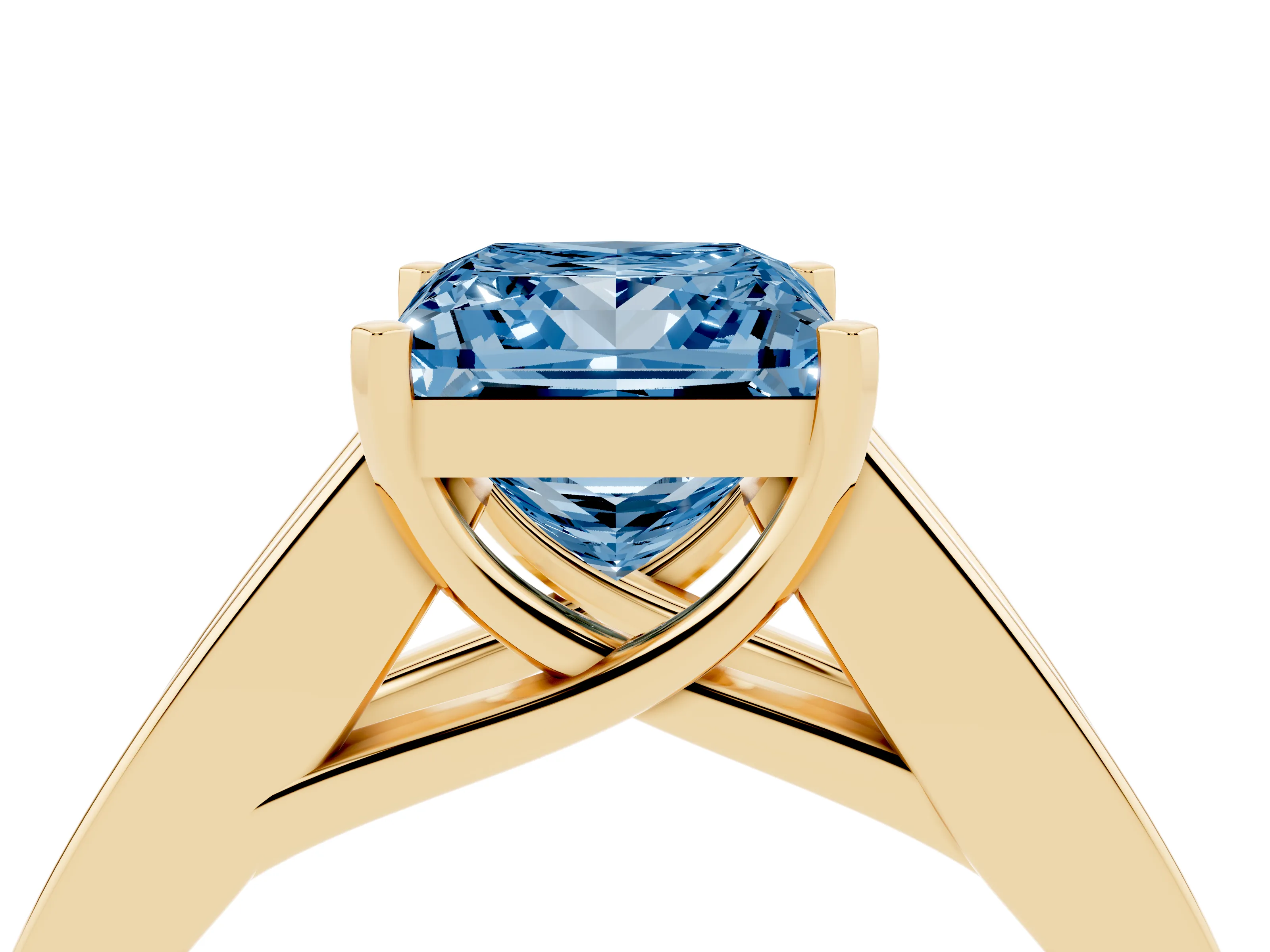 Fancy Blue Princess Cut Diamond Solitaire Ring Set in Yellow gold with Channel-Set Accent Stones and Prong Setting