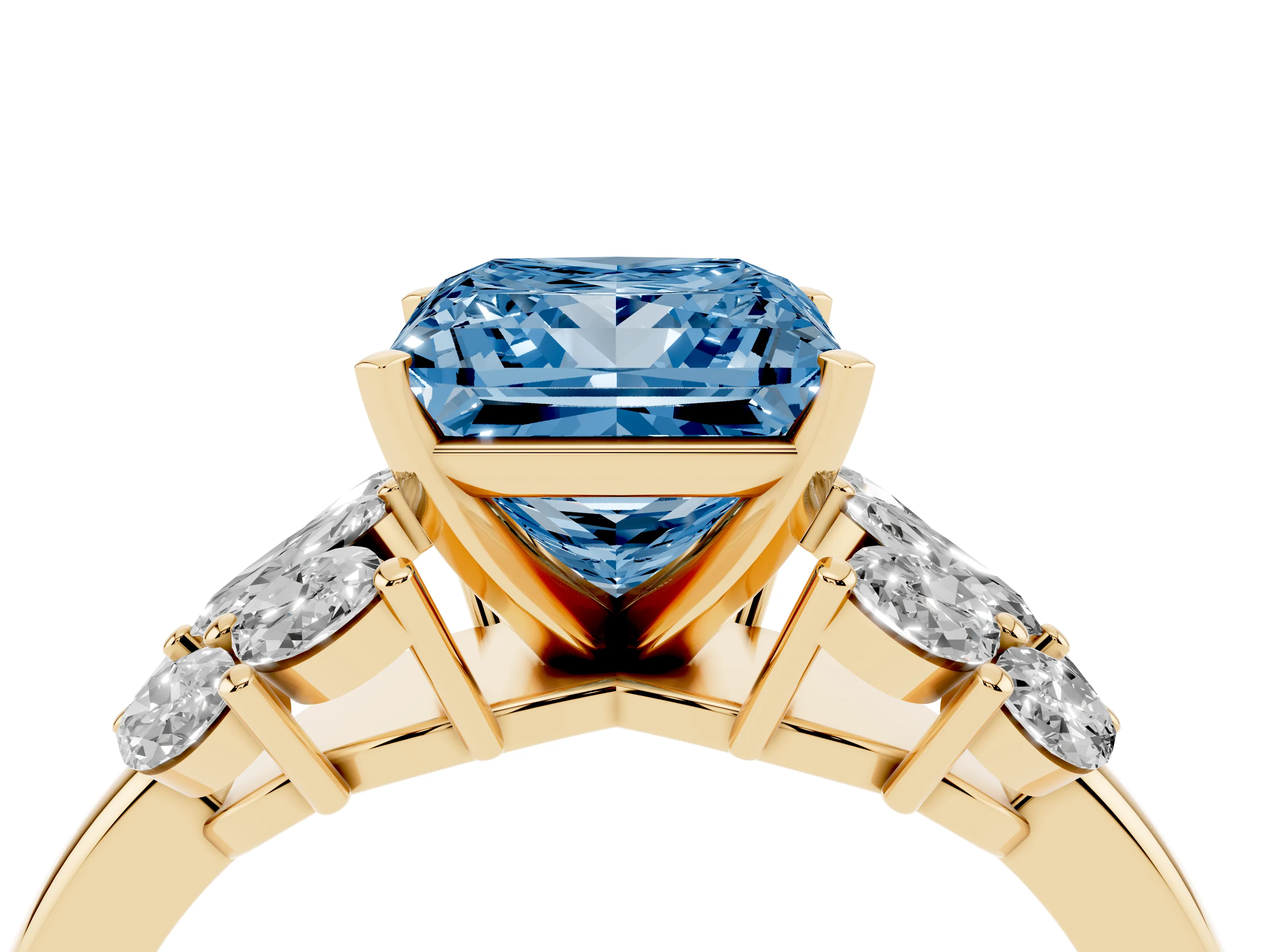 Fancy Blue Princess Cut Diamond Cluster Leaf Design Ring Set in Yellow gold with Prong Setting