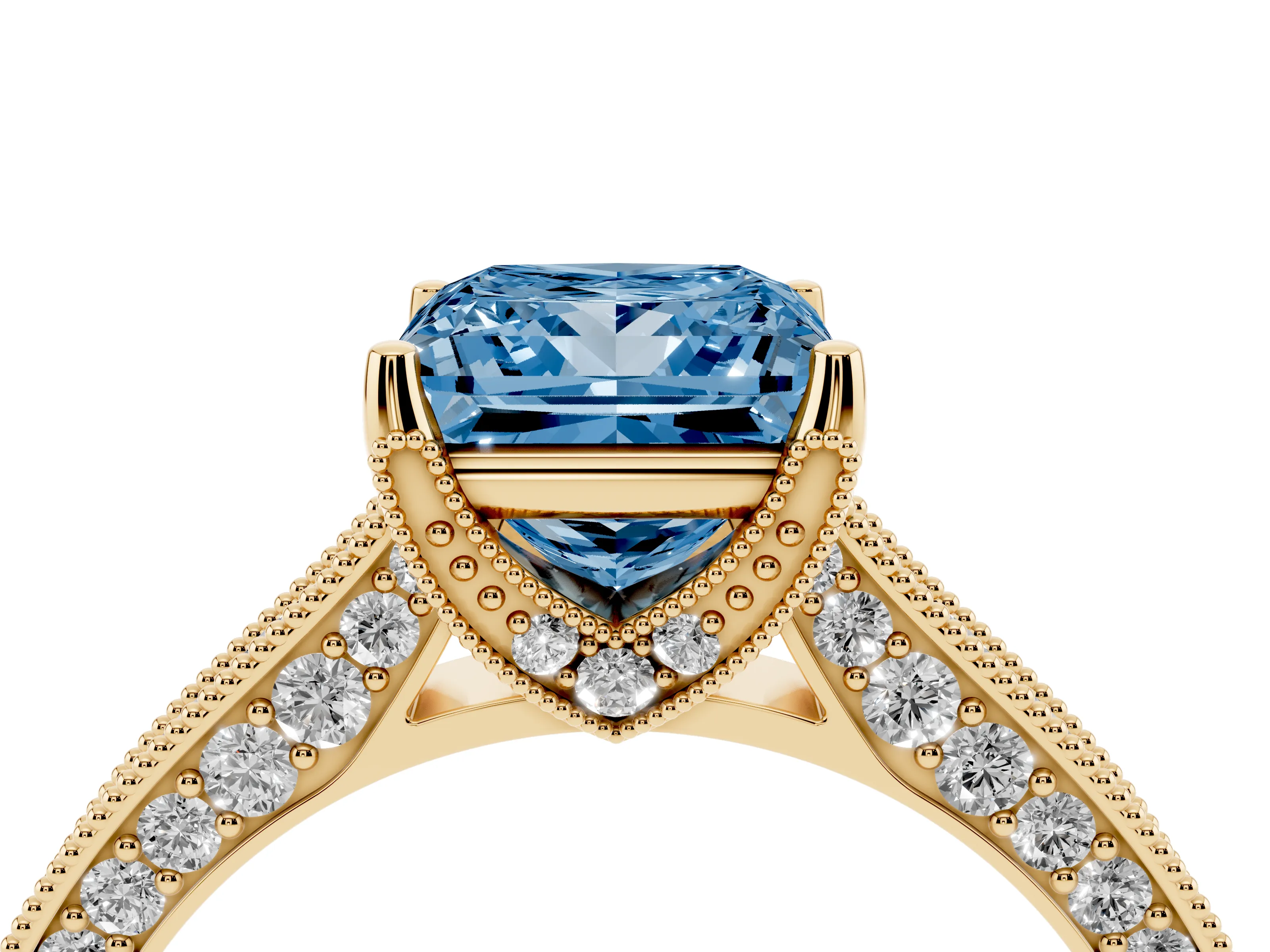 Fancy Blue Princess Cut Diamond Solitaire Ring Set in Yellow gold with Milgrain-Edged Pavé Band and Prong Setting