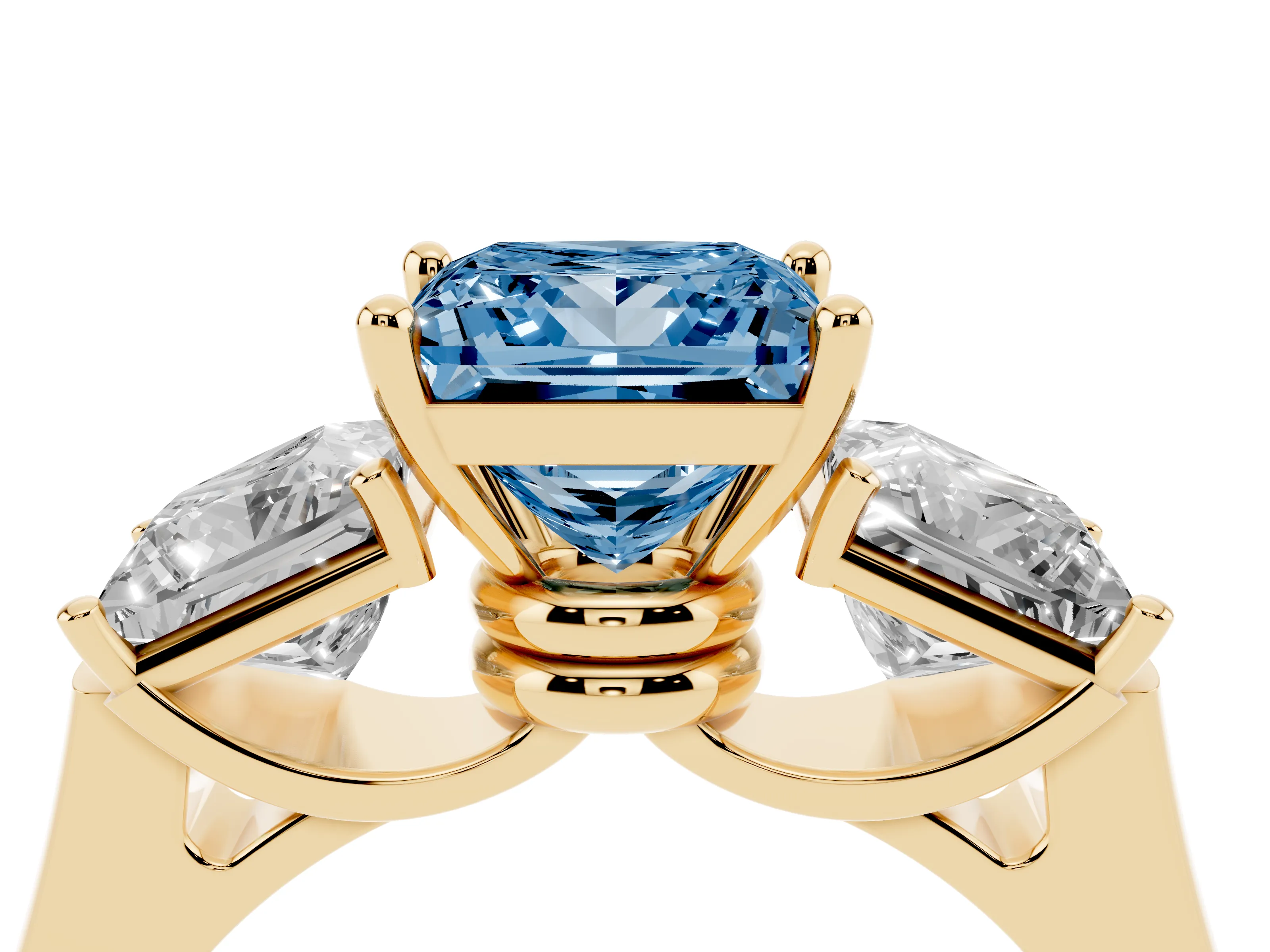 Fancy Blue Princess Cut Diamond Three-Stone Trellis Ring Set in Yellow gold with Comfort Fit Band
