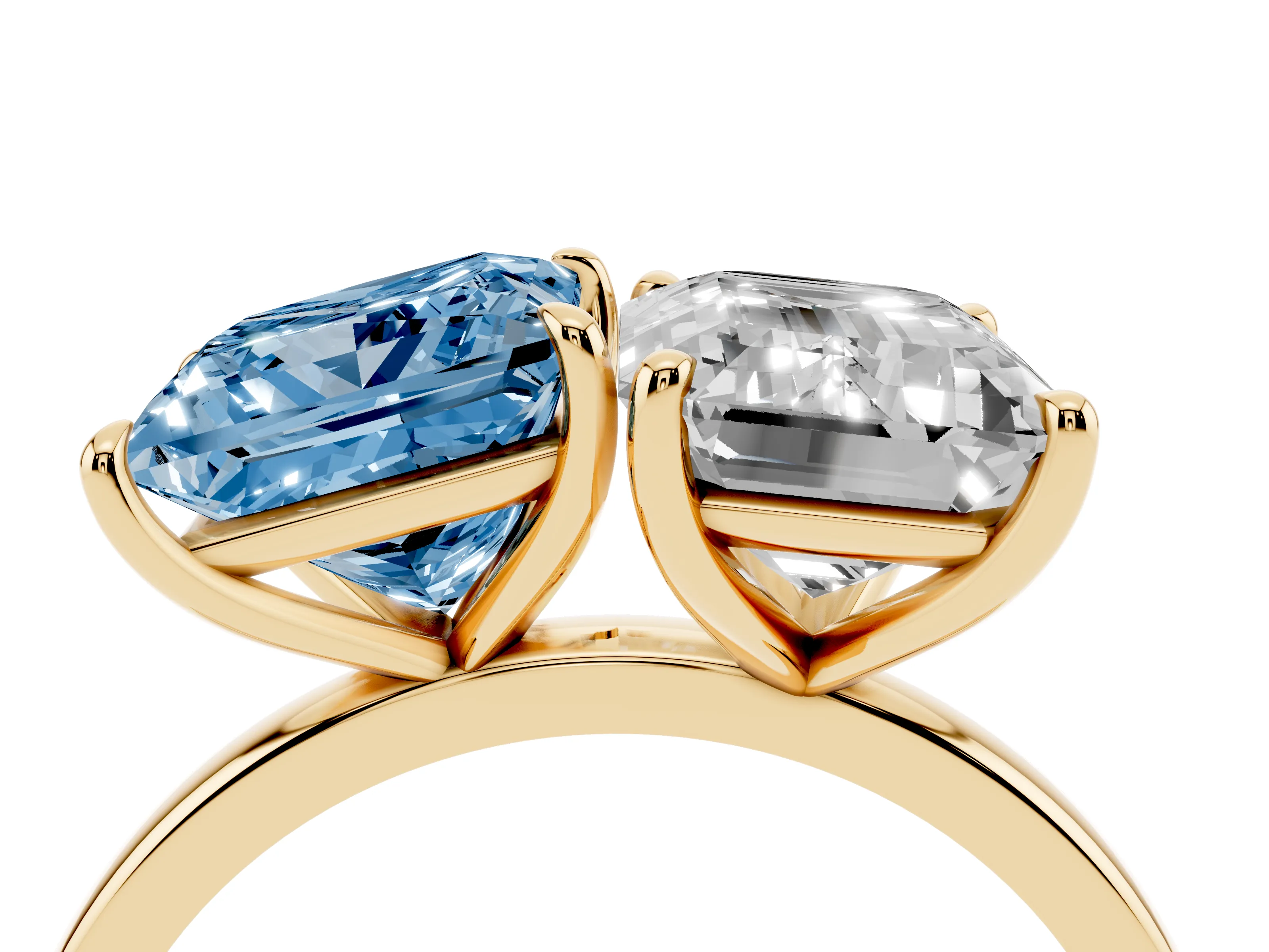 Fancy Blue Princess Cut and Emerald Cut Toi Moi Ring Set in Yellow gold with Prong Setting