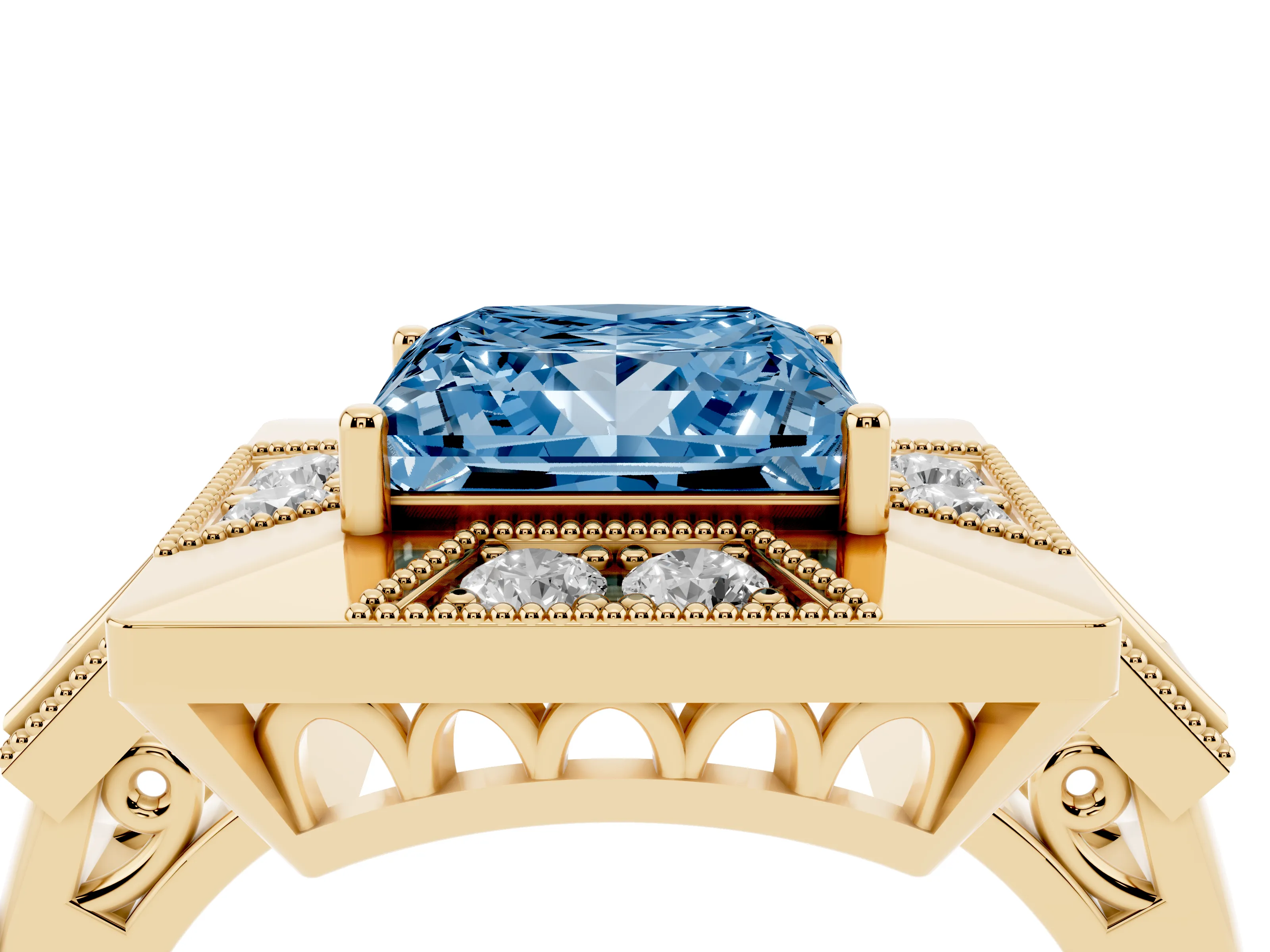 Fancy Blue Princess Cut Diamond Milgrain Halo Ring Set in Yellow gold with Split Shank