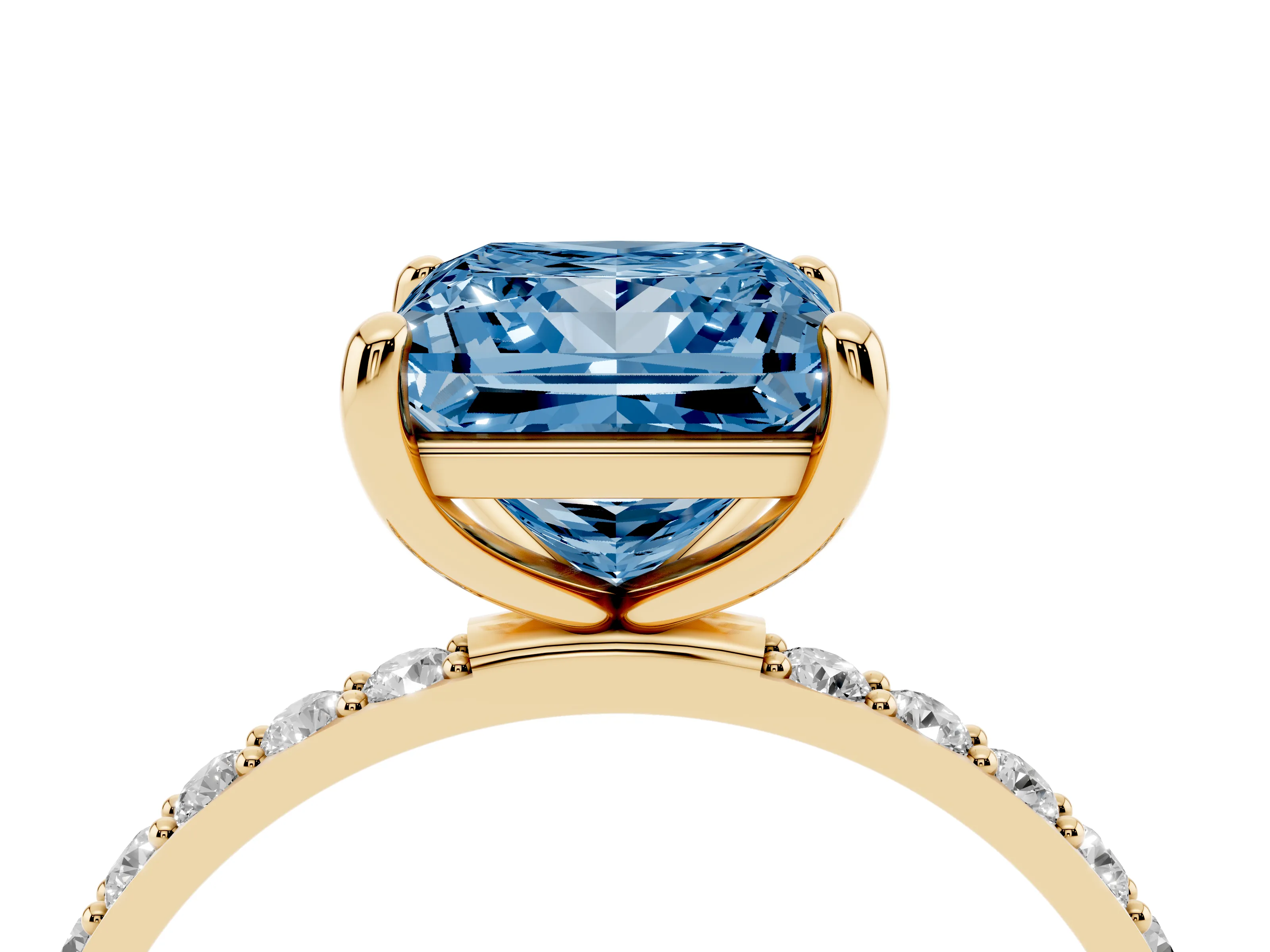 Fancy Blue Princess Cut Diamond Solitaire Ring Set in Yellow gold with Round Pavé Band and Prong Setting