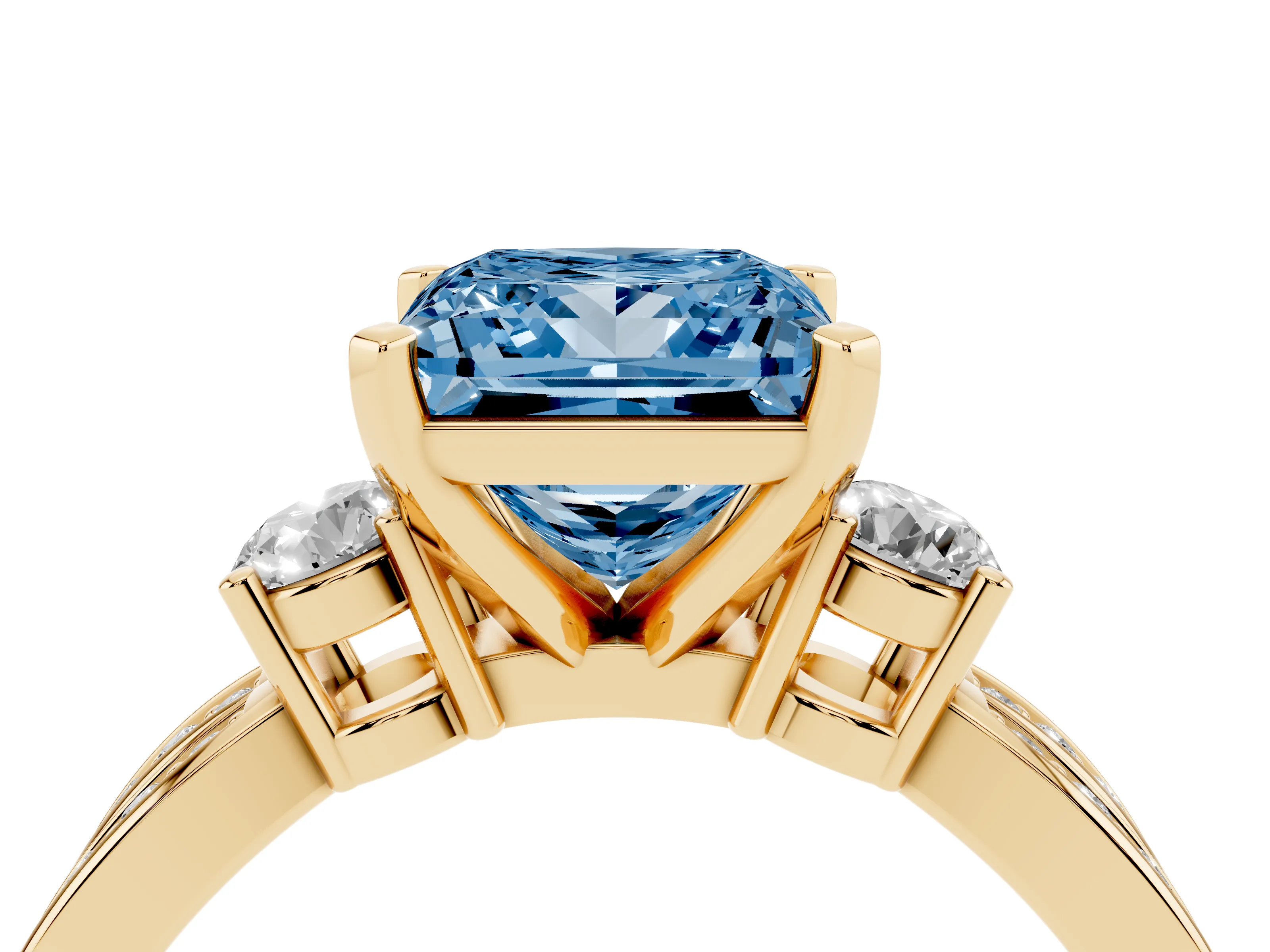 Fancy Blue Three-Stone Princess Cut Diamond Twist Band Ring Set in Yellow gold with Pavé Accents and Prong Setting