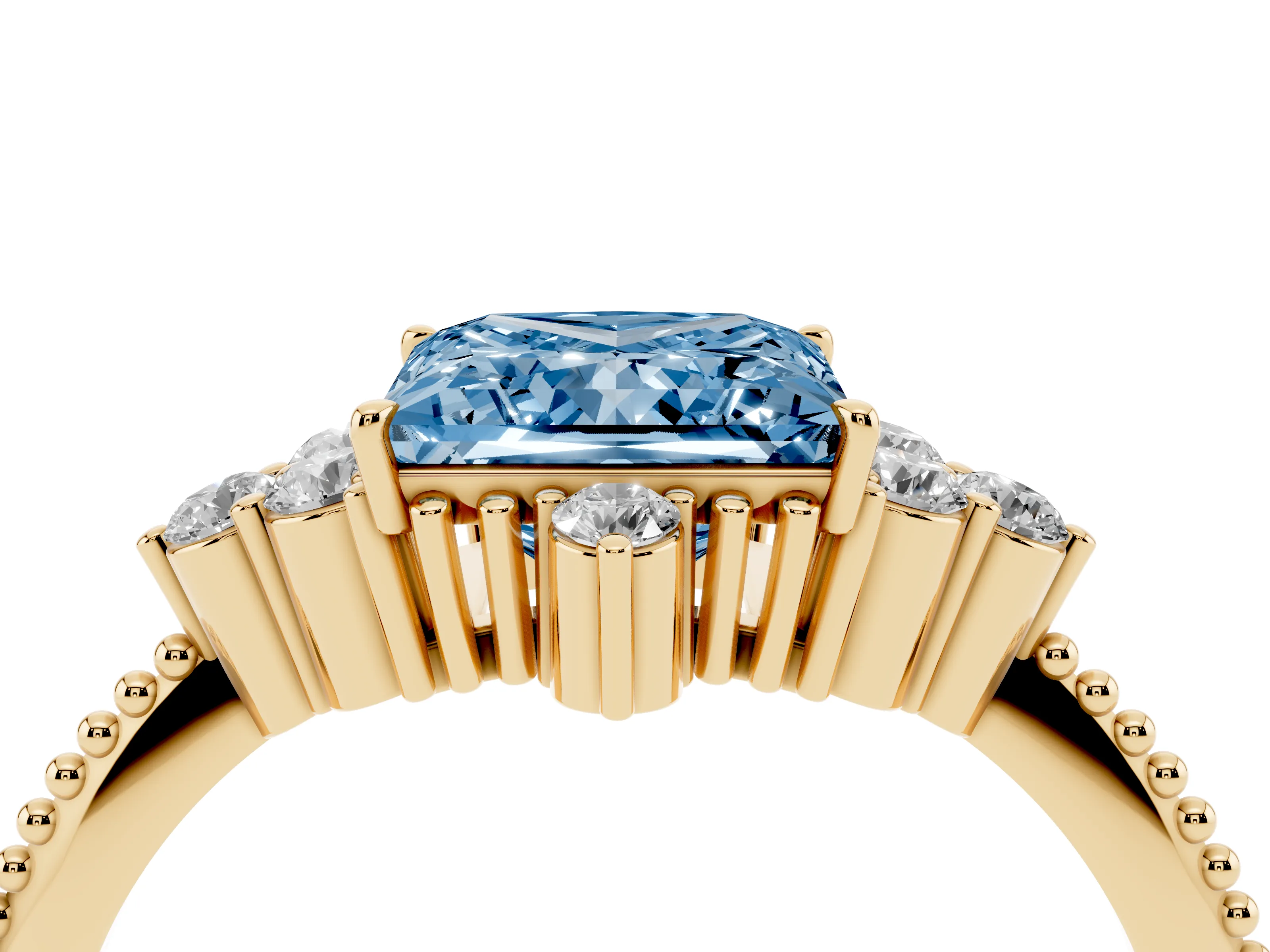 Fancy Blue Princess Cut Diamond Cluster Ring Set in Yellow gold with Beaded Band