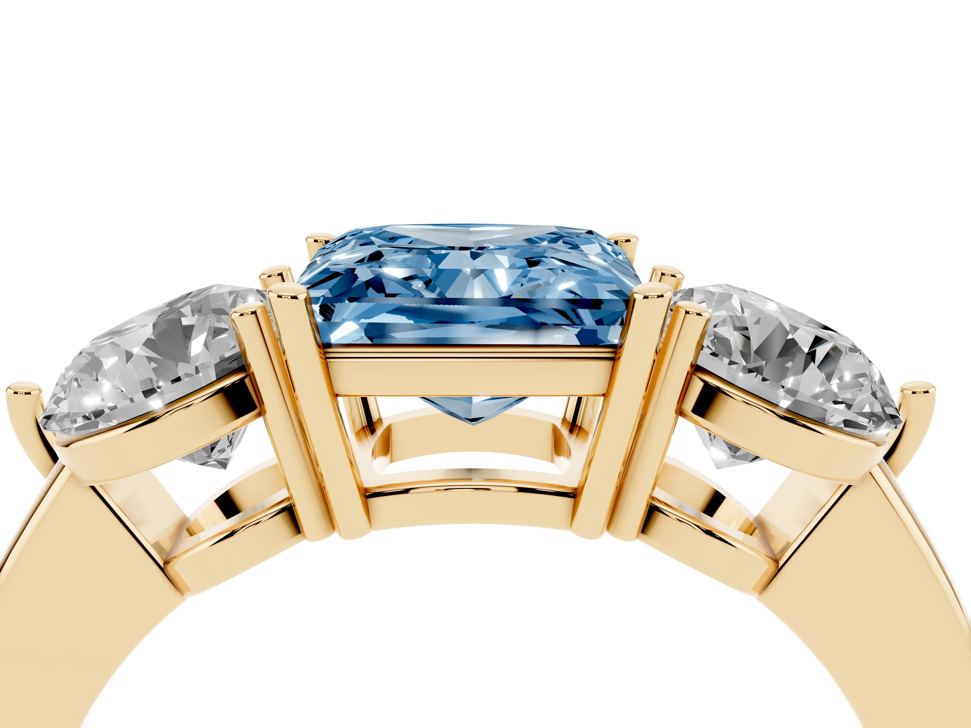 Fancy Blue Princess Cut Diamond Three-Stone Ring Set in Yellow gold with Prong Setting and Plain Band