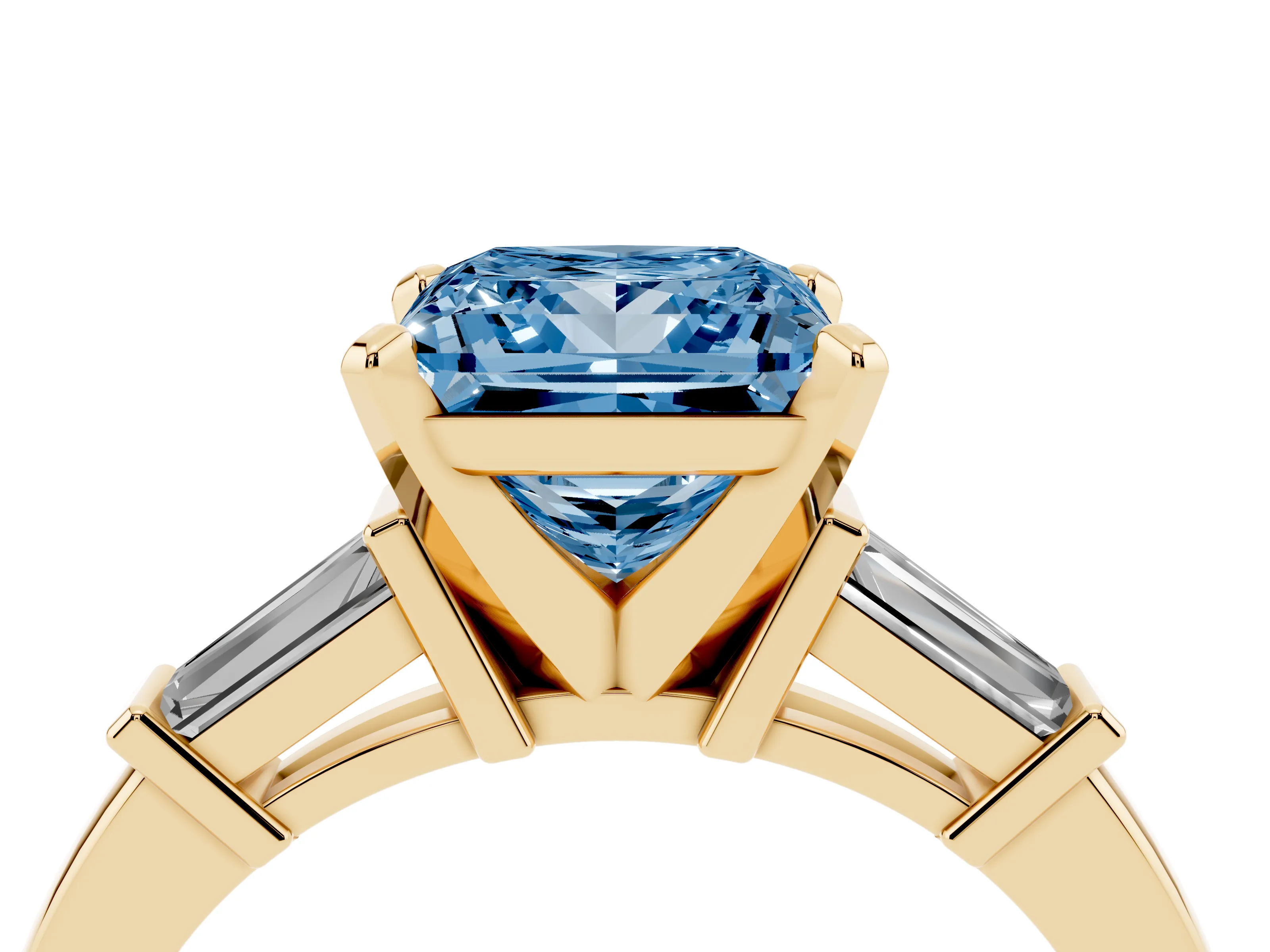 Fancy Blue Princess Cut Diamond Solitaire Ring Set in Yellow gold with Tapered Baguette Accents and Prong Setting
