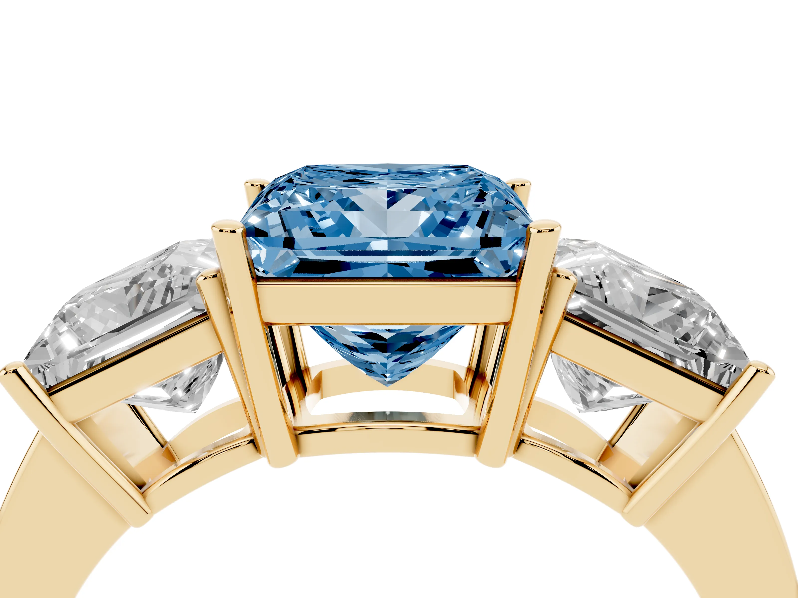 Fancy Blue Princess Cut Diamond Three-Stone Engagement Ring Set in Yellow gold with Flat Band