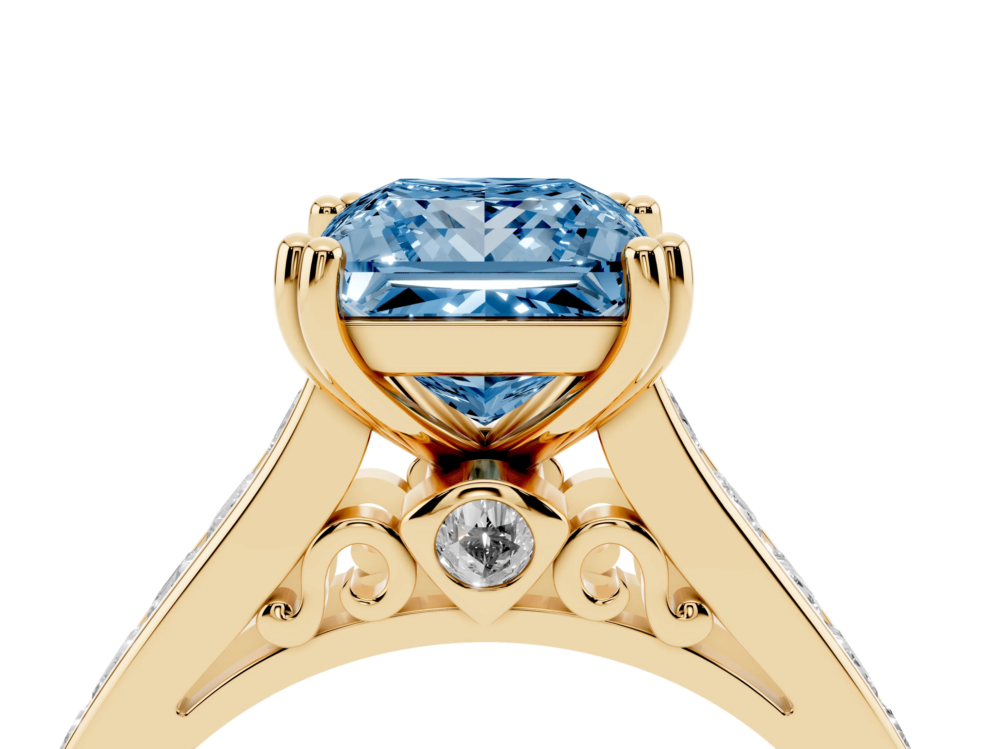 Fancy Blue Princess Cut Diamond Channel Set Solitaire Engagement Ring Set in Yellow gold with Prong Setting