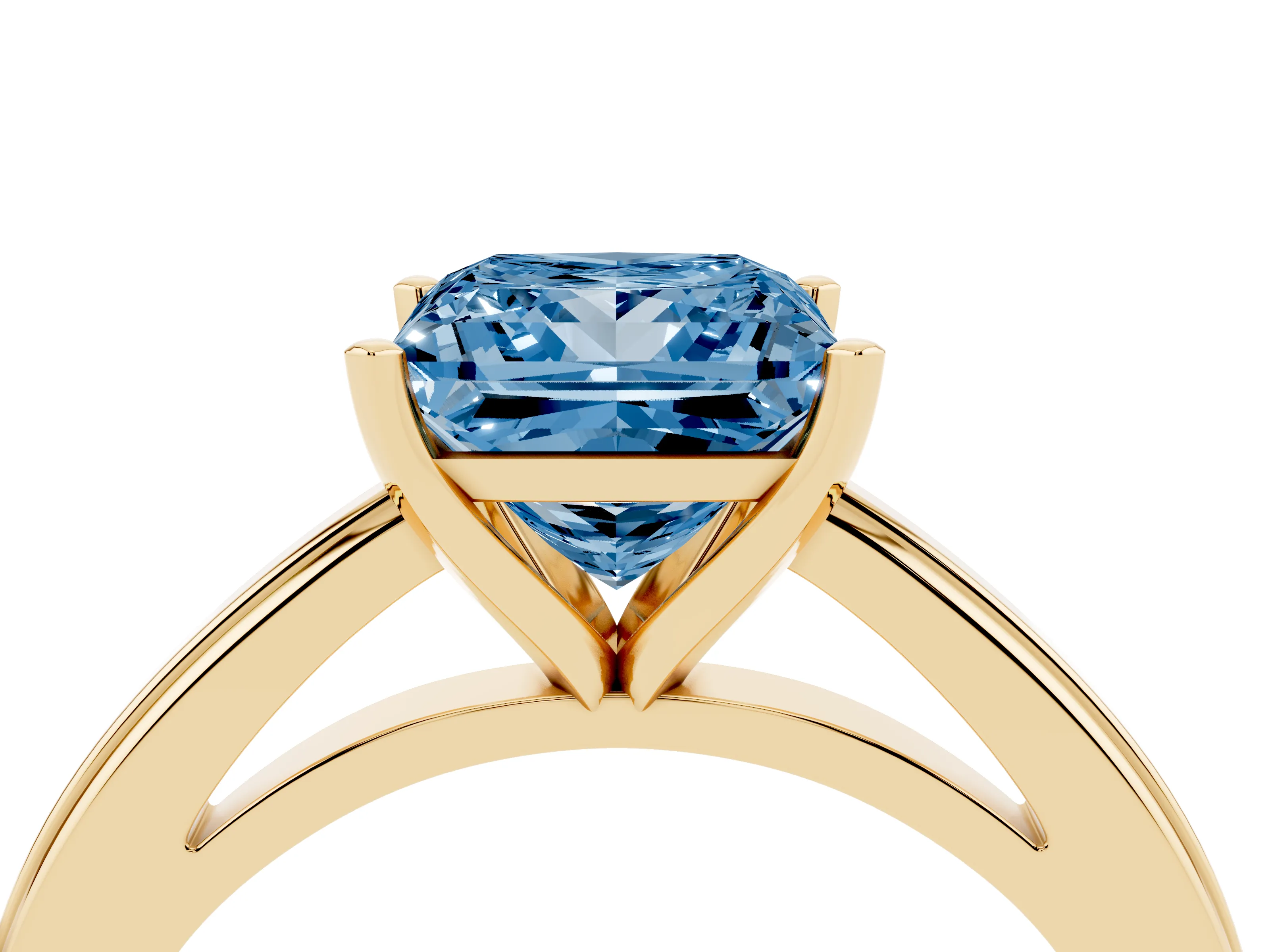 Fancy Blue Princess Cut Diamond Solitaire Ring Set in Yellow gold with Prong Setting and Classic Band