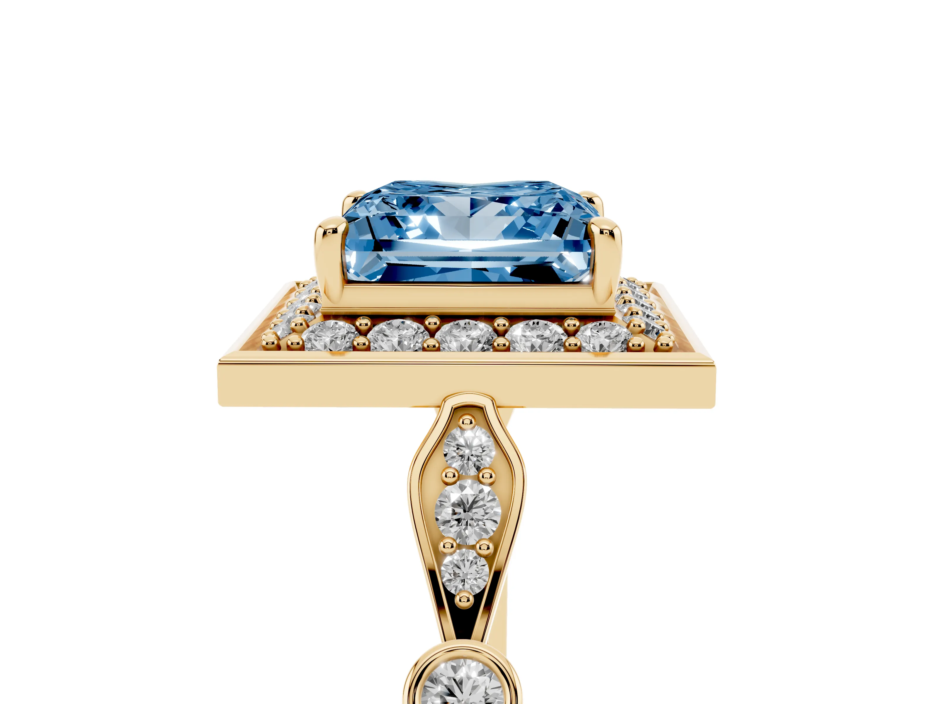 Fancy Blue Princess Cut Diamond Halo Engagement Ring Set in Yellow gold with Twisted Band and Prong Setting