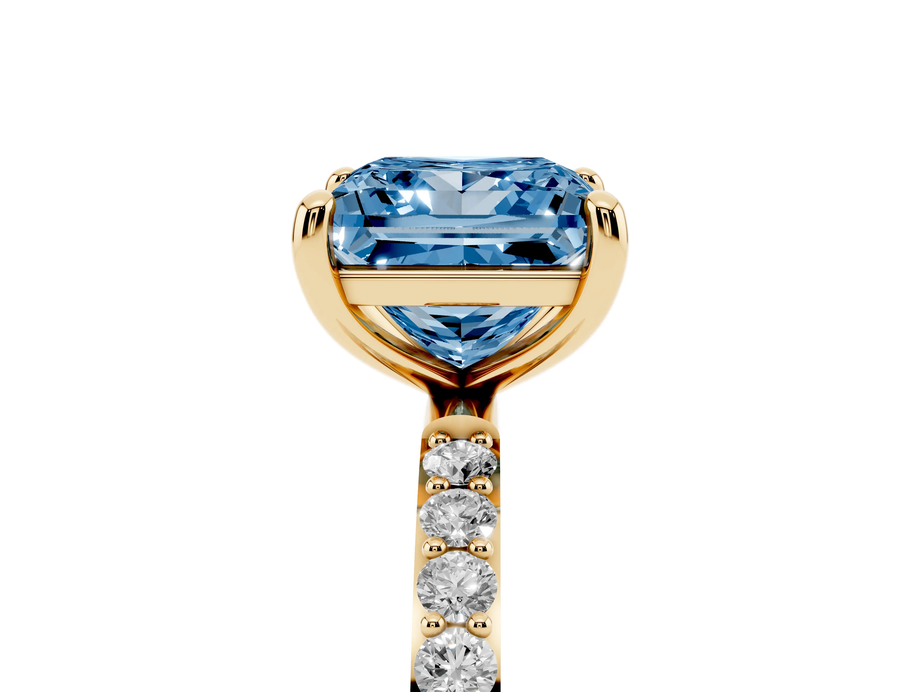 Fancy Blue Princess Cut Diamond Solitaire Ring Set in Yellow gold with Round Pavé Band and Prong Setting