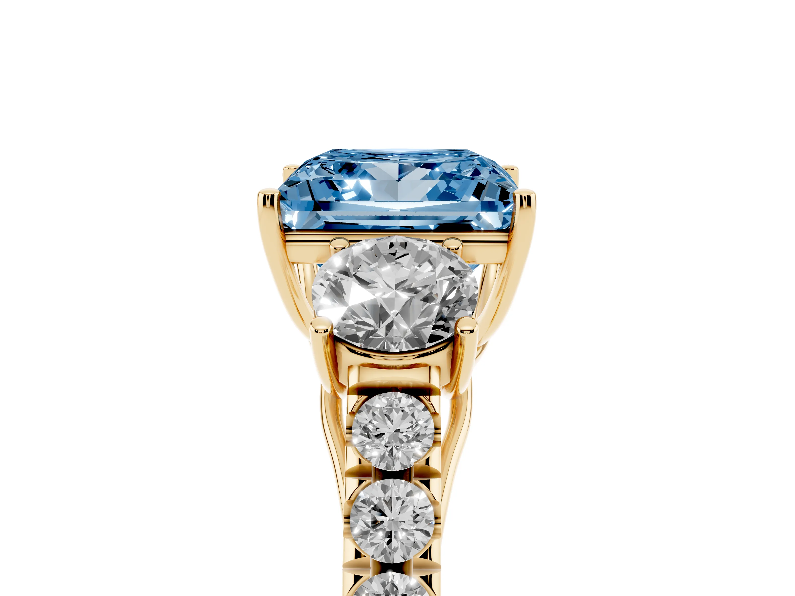 Fancy Blue Princess Cut Diamond Three-Stone Ring Set in Yellow gold with Round Side Stones and Delicate Pavé Band