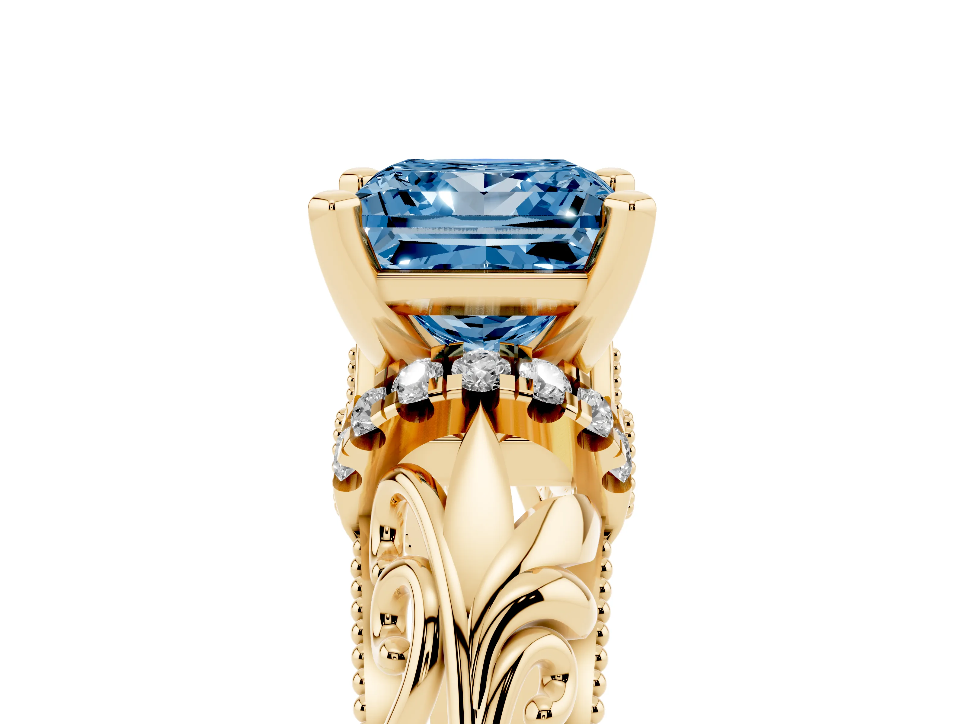 Fancy Blue Princess Cut Diamond Filigree Halo Engagement Ring Set in Yellow gold with Prong Setting