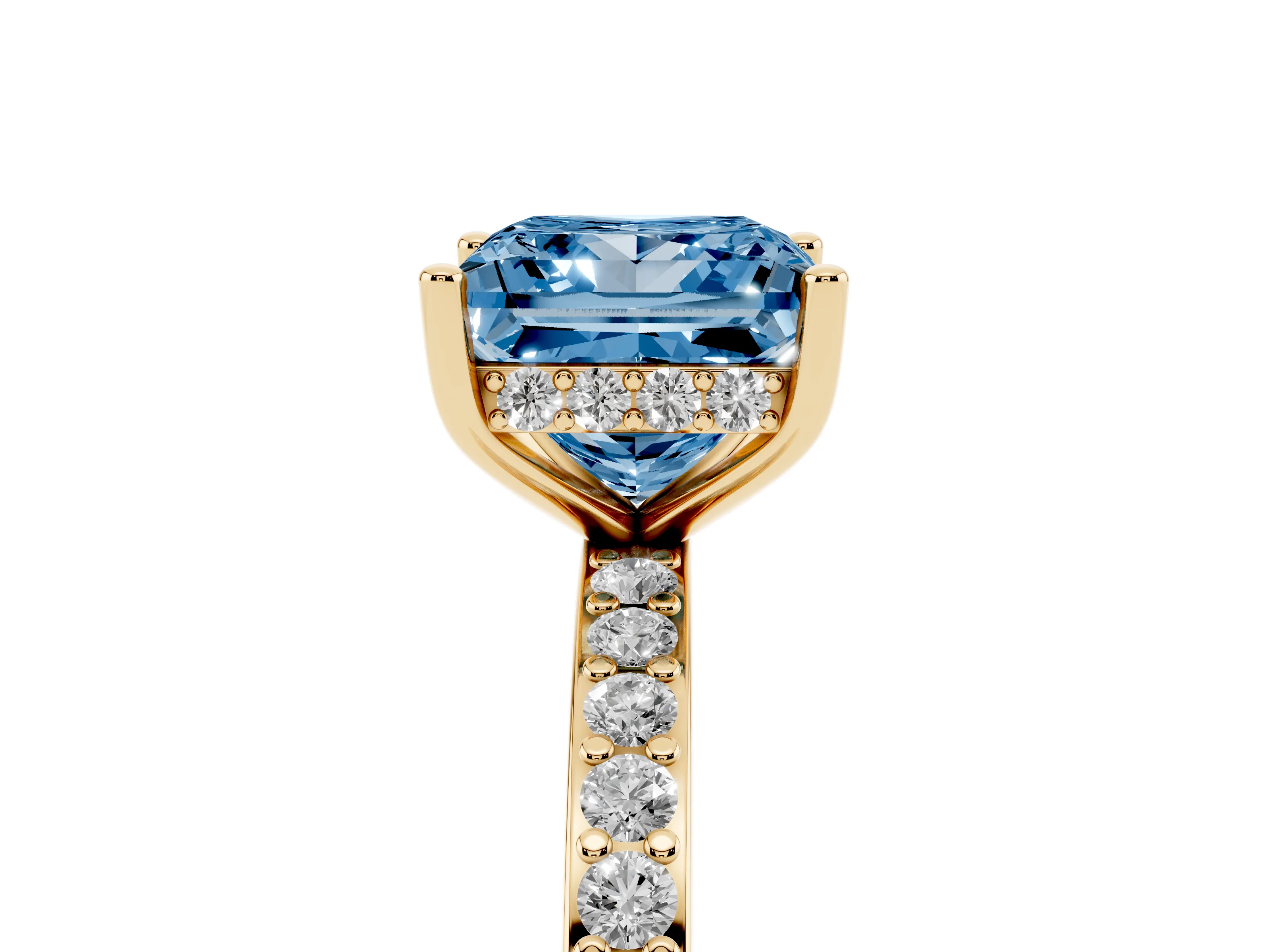 Fancy Blue Princess Cut Diamond Pavé Band Ring Set in Yellow gold with Prong-Set Center Stone