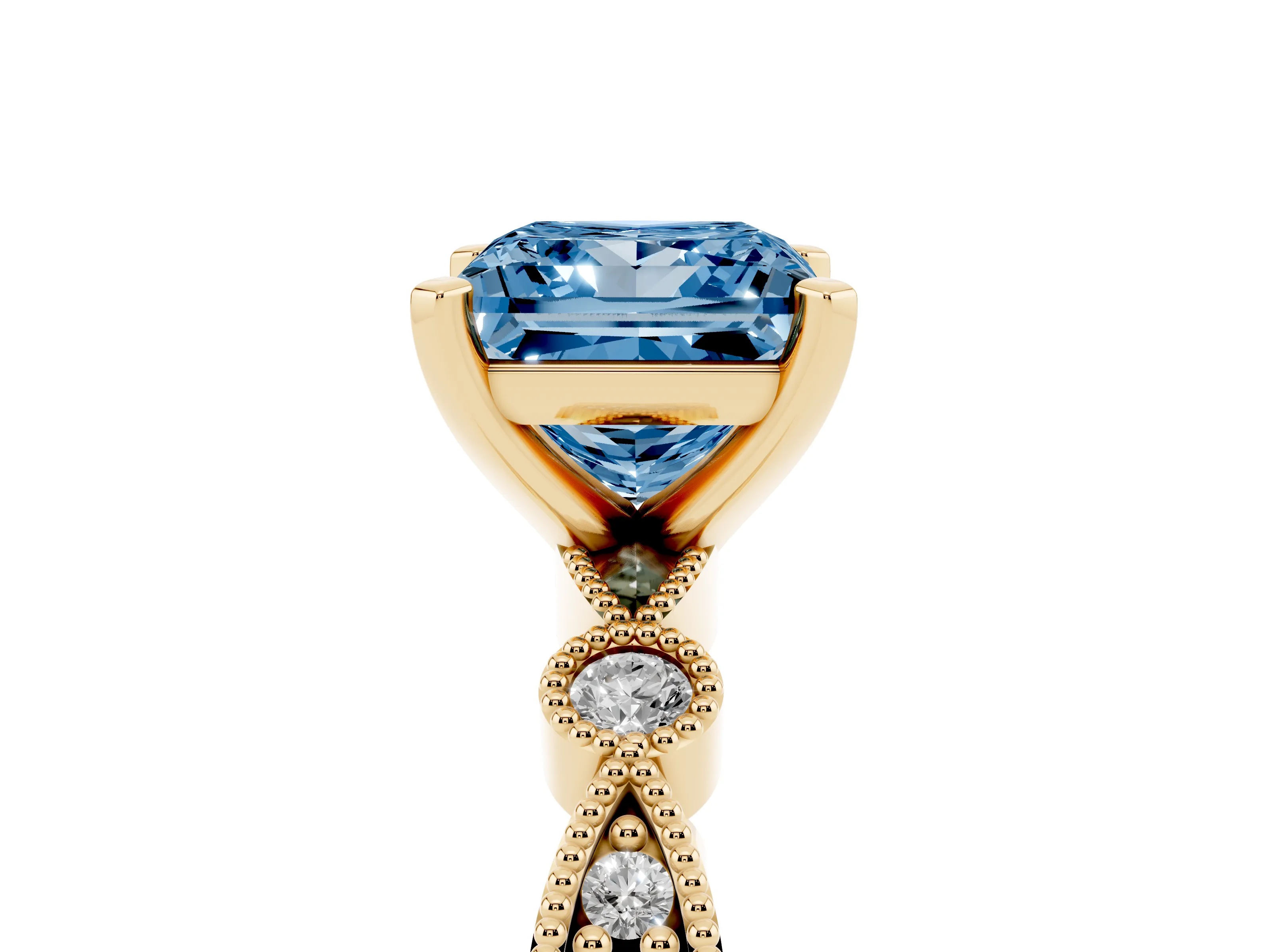 Fancy Blue Princess Cut Diamond Solitaire Engagement Ring Set in Yellow gold with Milgrain Bezel Accent Band