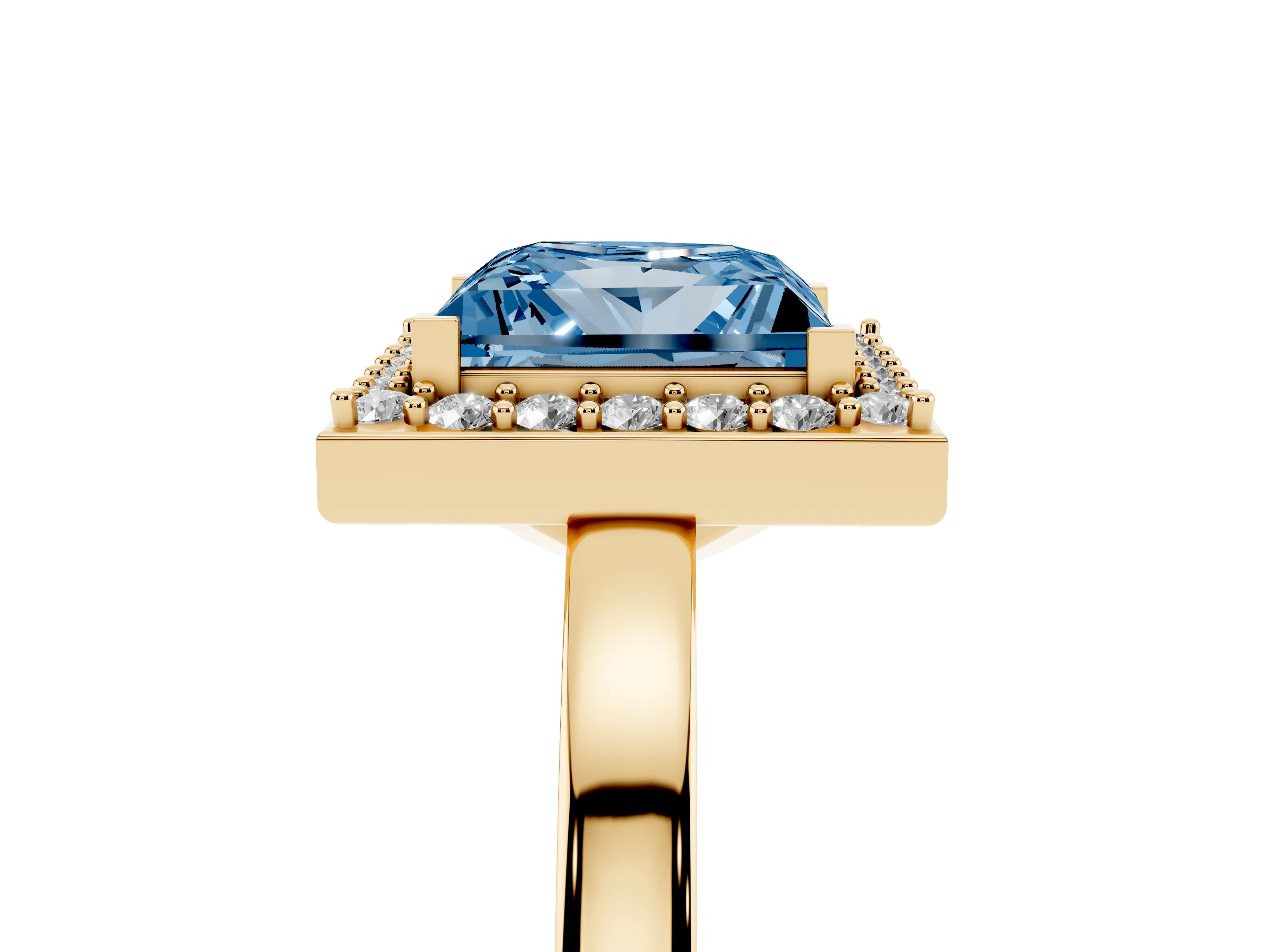 Fancy Blue Princess Cut Diamond Halo Ring Set in Yellow gold with Solitaire Band and Prong Setting