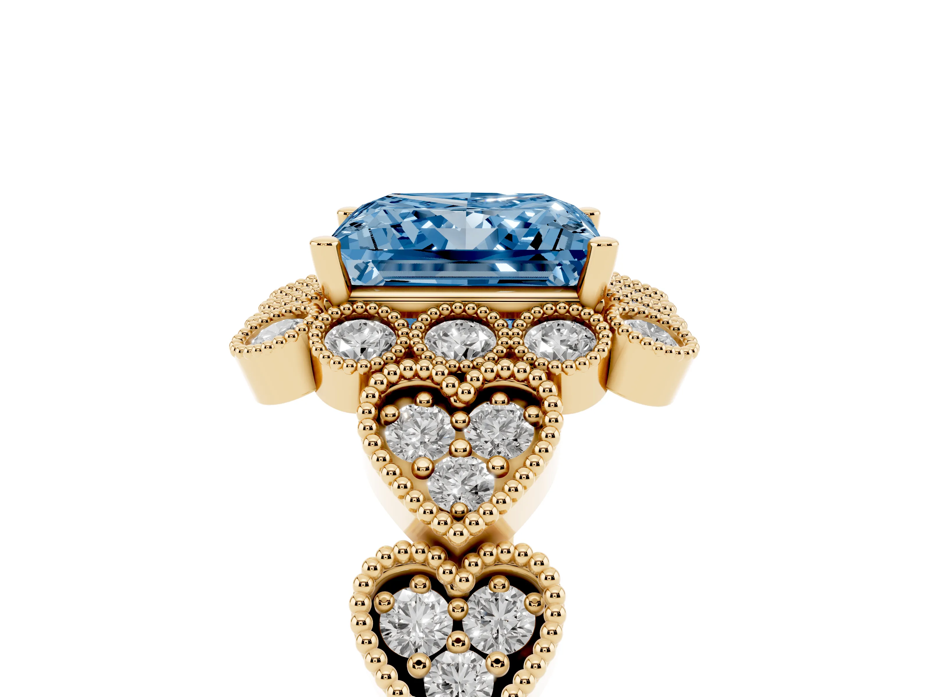 Fancy Blue Princess Cut Diamond Solitaire Ring Set in Yellow gold with Milgrain Pavé Heart Band