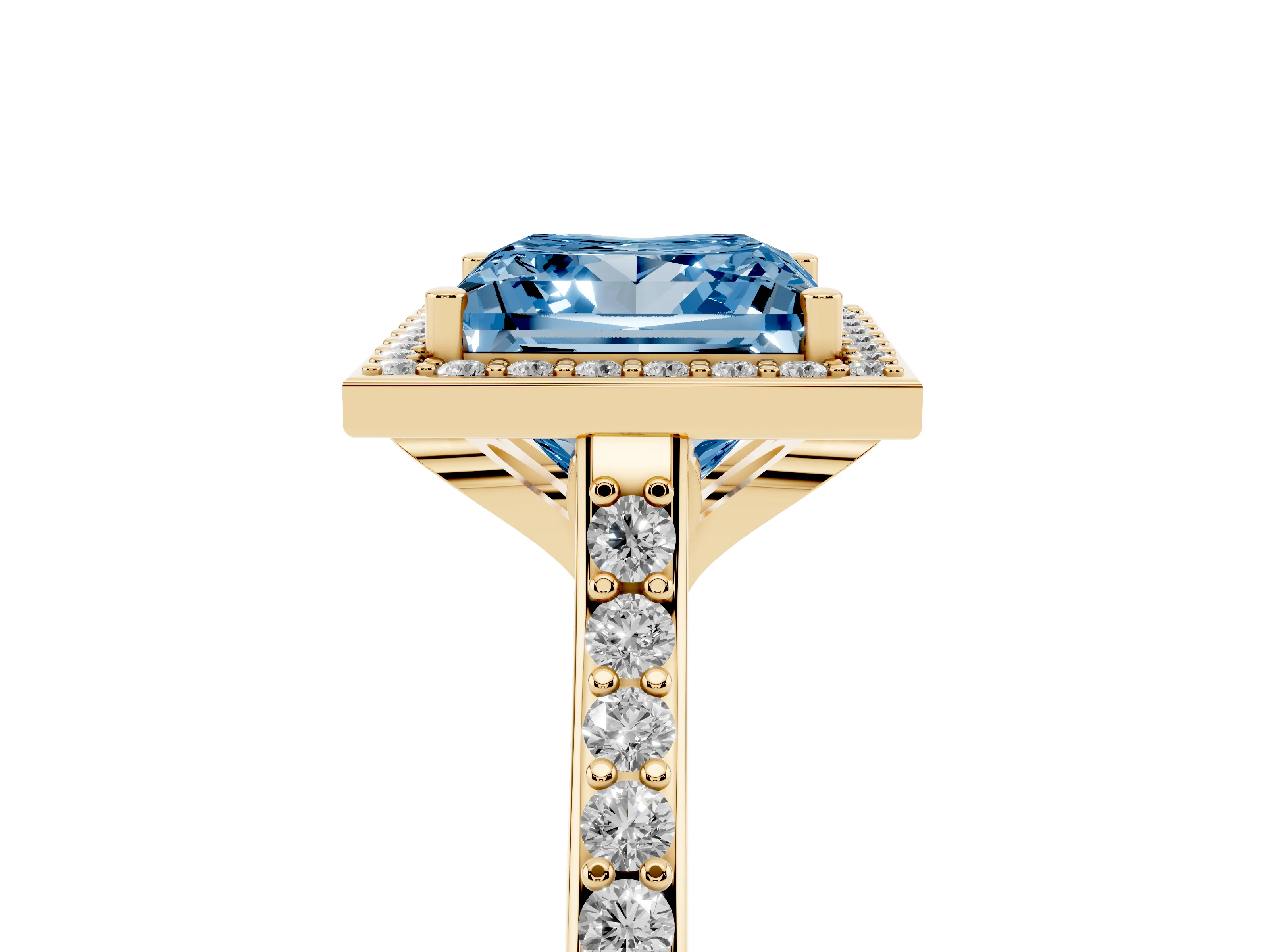 Fancy Blue Princess Cut Diamond Halo Engagement Ring Set in Yellow gold with Round Pavé Shoulders and Heart Gallery
