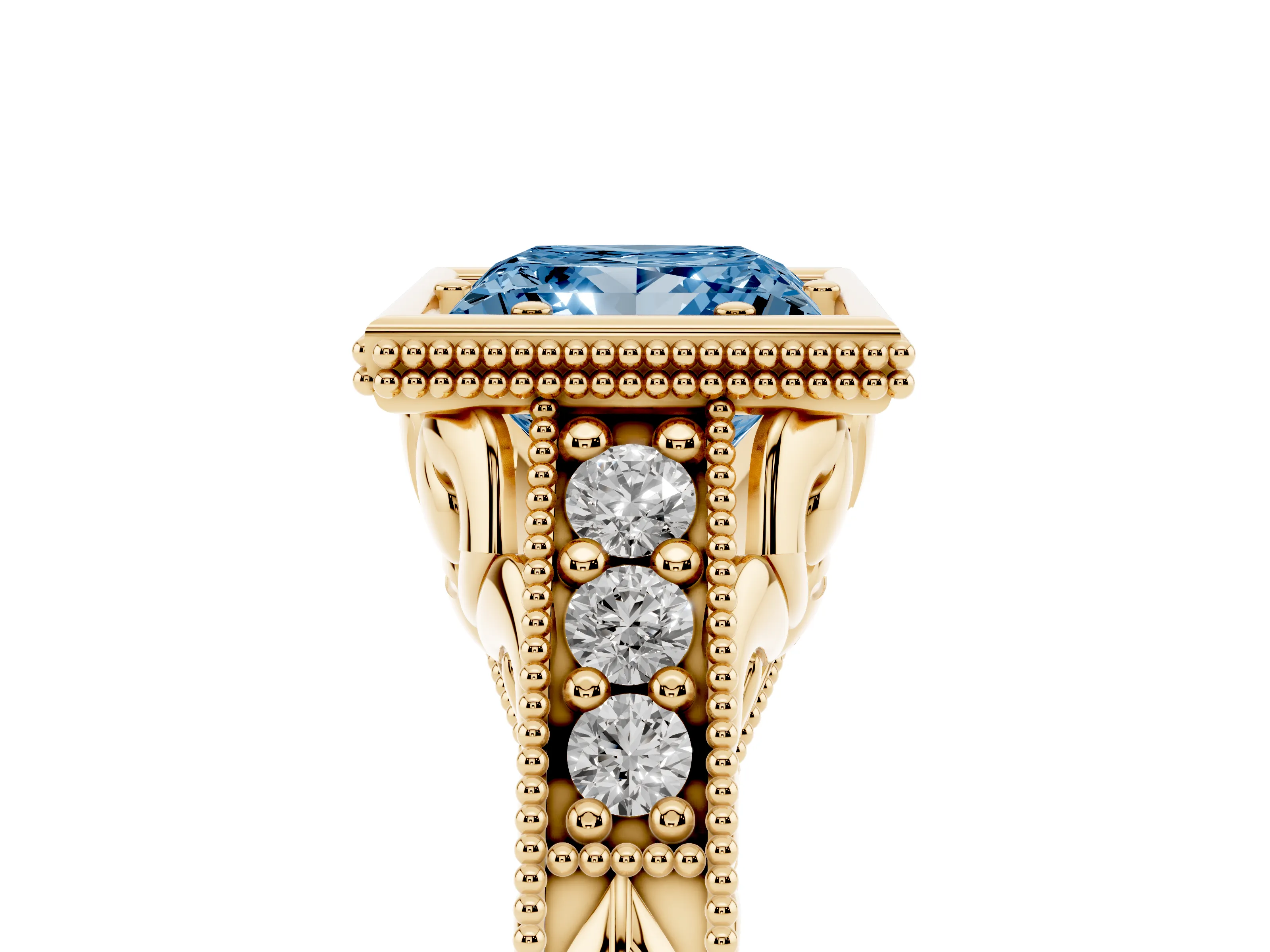 Fancy Blue Bezel Set Princess Cut Diamond Milgrain Pavé Engagement Ring Set in Yellow gold