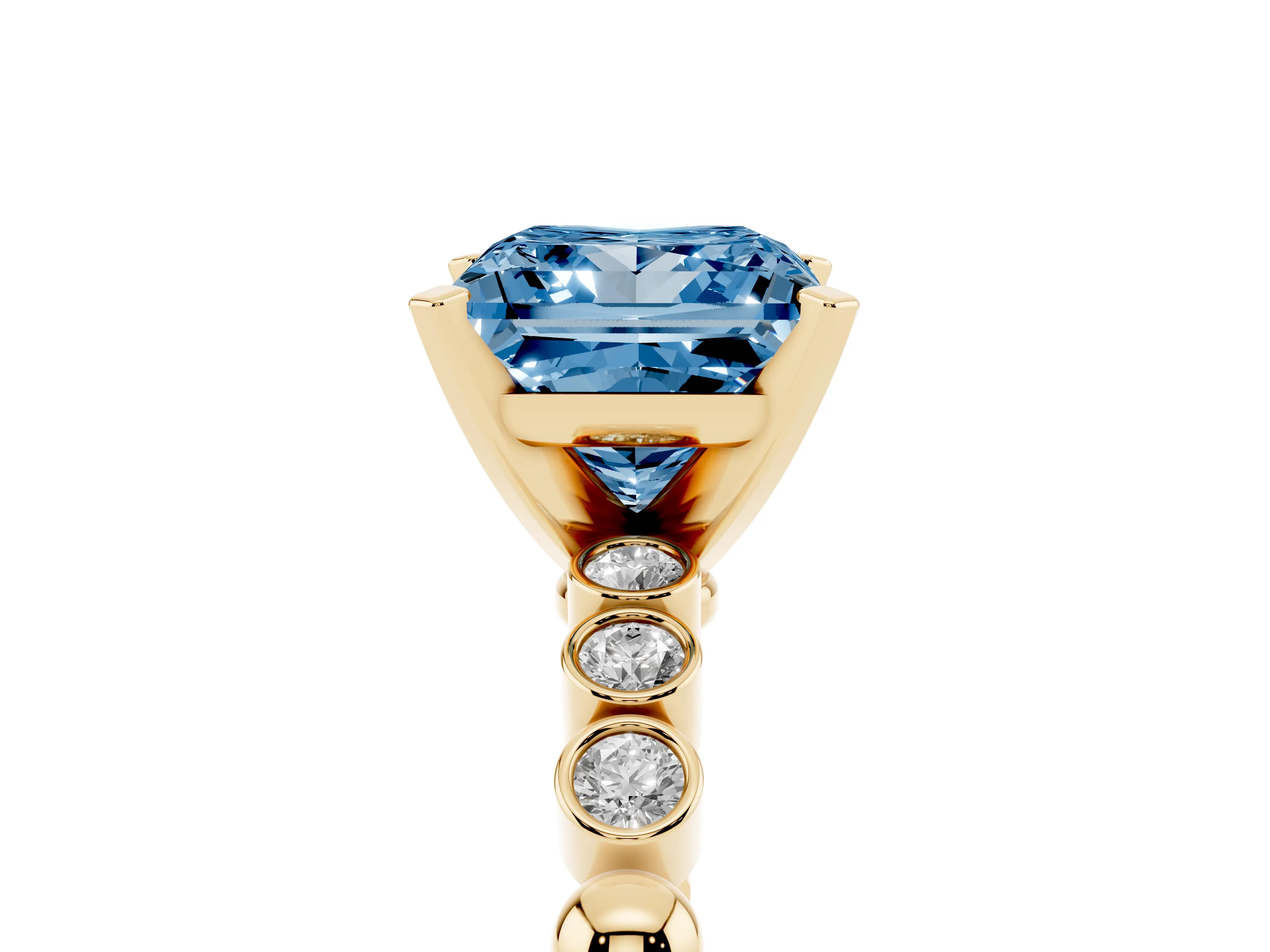 Fancy Blue Princess Cut Diamond Solitaire Engagement Ring Set in Yellow gold with Bezel Accents on Beaded Band