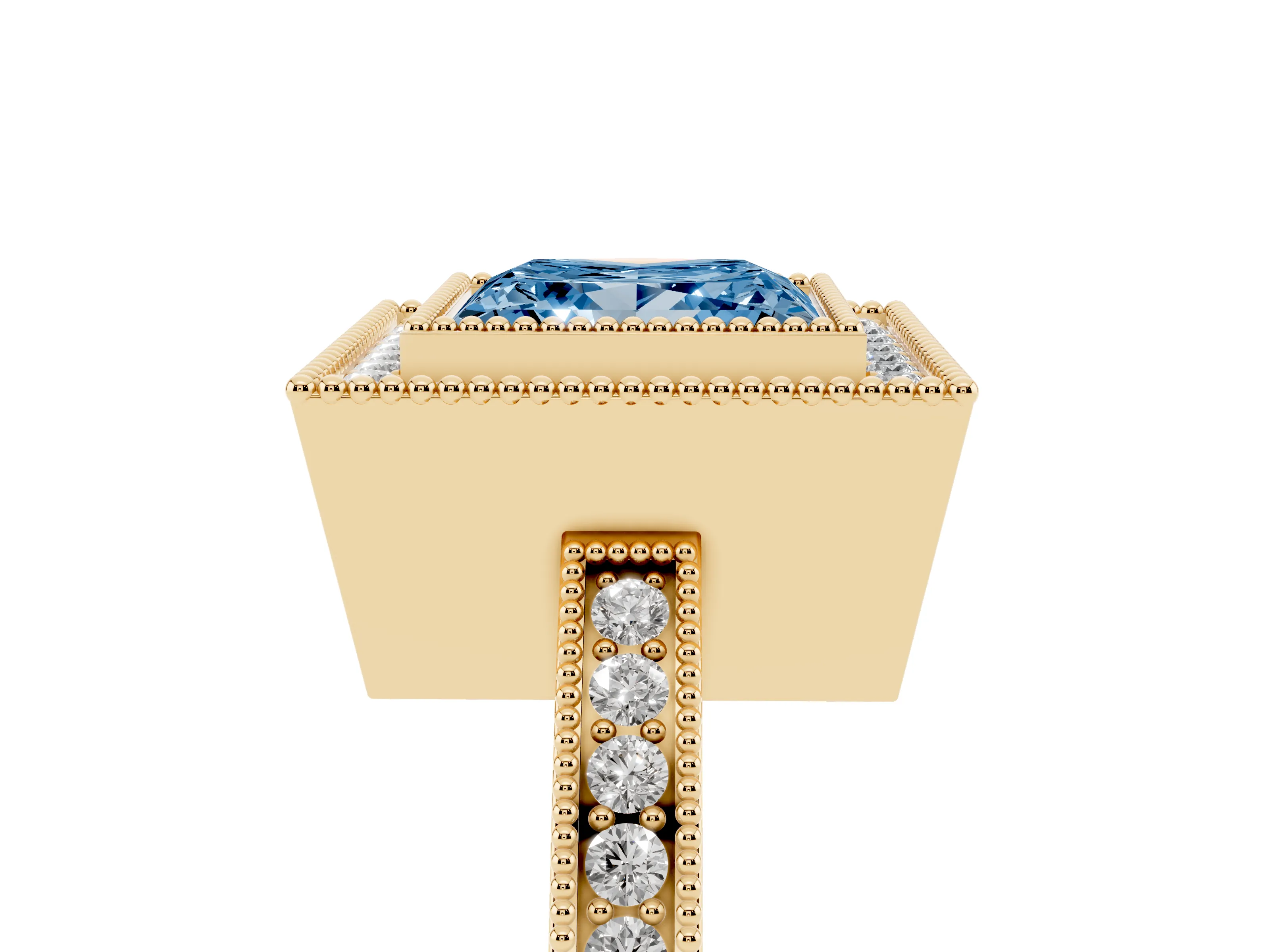 Fancy Blue Princess Cut Diamond Halo Ring Set in Yellow gold with Pavé Band and Milgrain-Edged Prongs