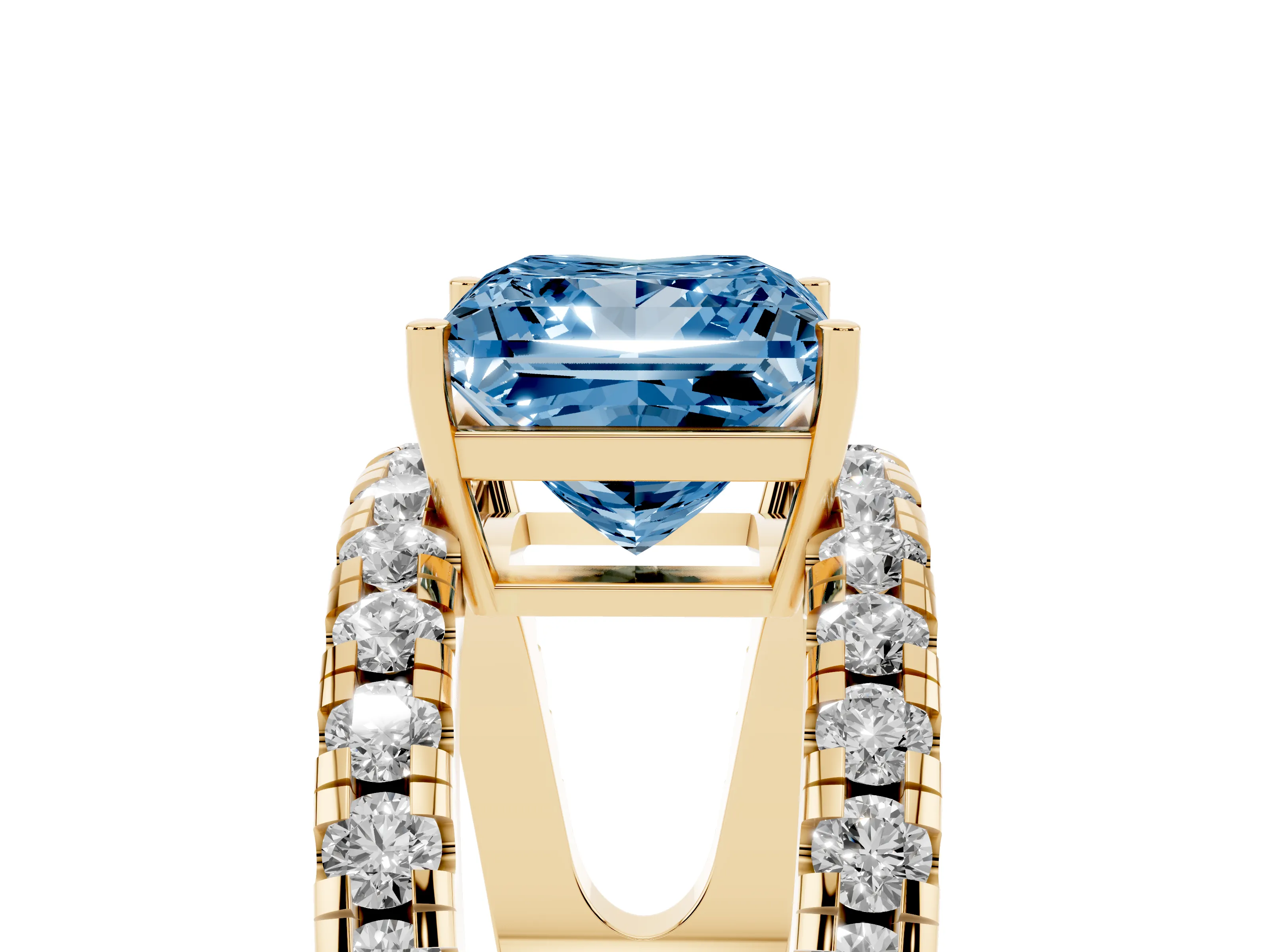 Fancy Blue Princess Cut Diamond Split Shank Pavé Solitaire Ring Set in Yellow gold with Open Shank Design