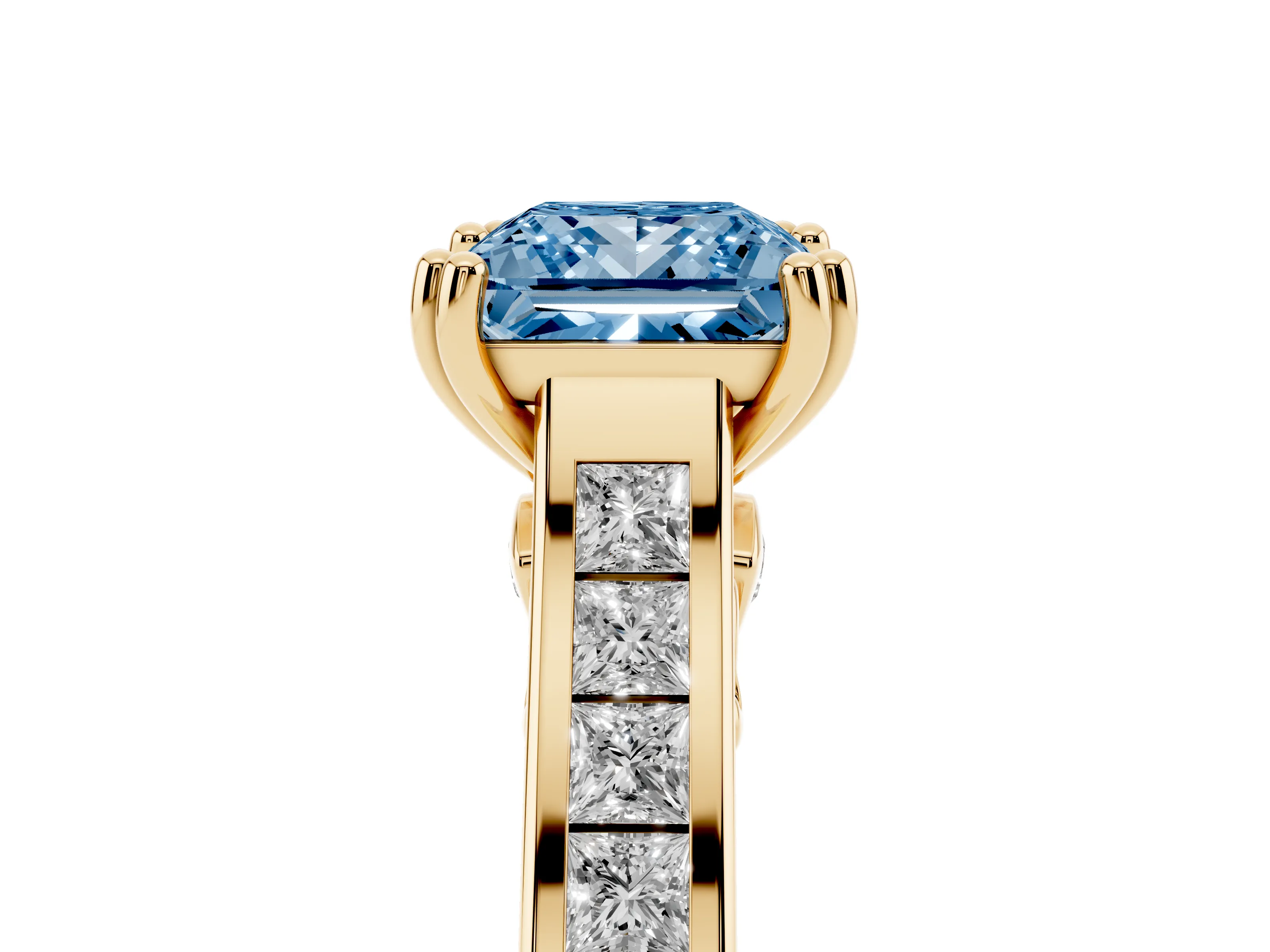 Fancy Blue Princess Cut Diamond Channel Set Solitaire Engagement Ring Set in Yellow gold with Prong Setting