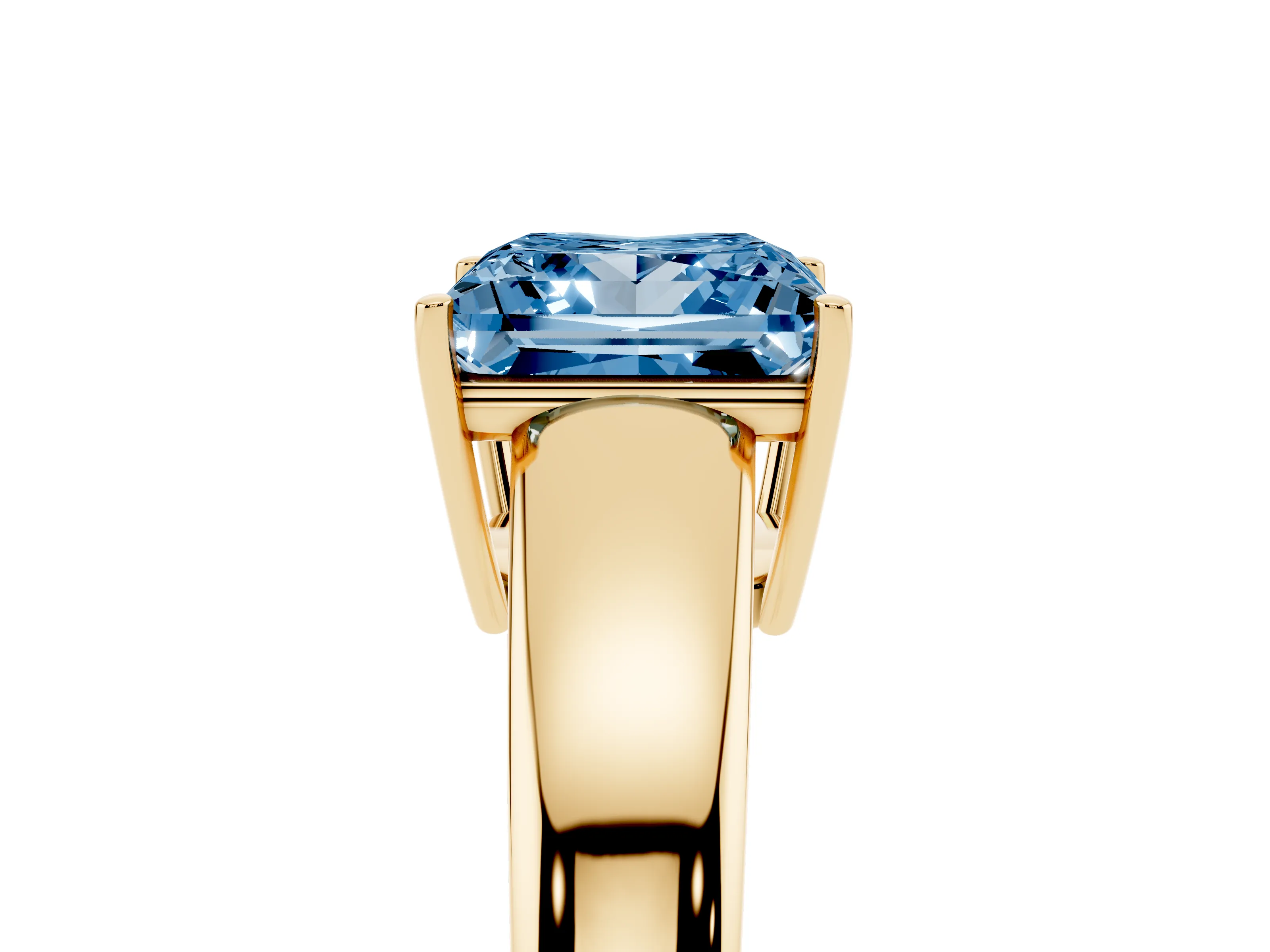 Fancy Blue Princess Cut Diamond Solitaire Ring Set in Yellow gold with Tapered Band and Prong Setting